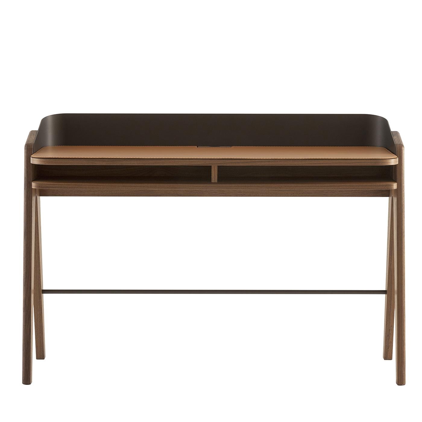 Bavero Cognac Leather Desk with Walnut Legs For Sale 3