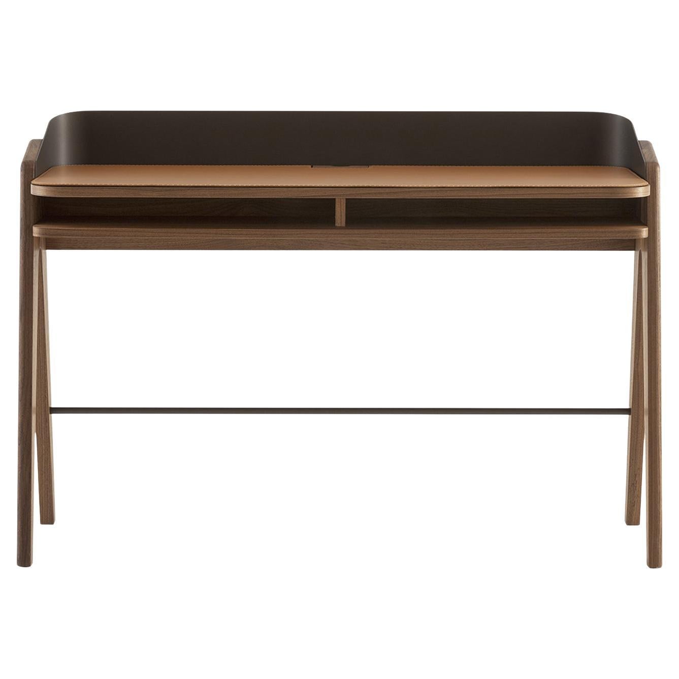 Bavero Cognac Leather Desk with Walnut Legs For Sale