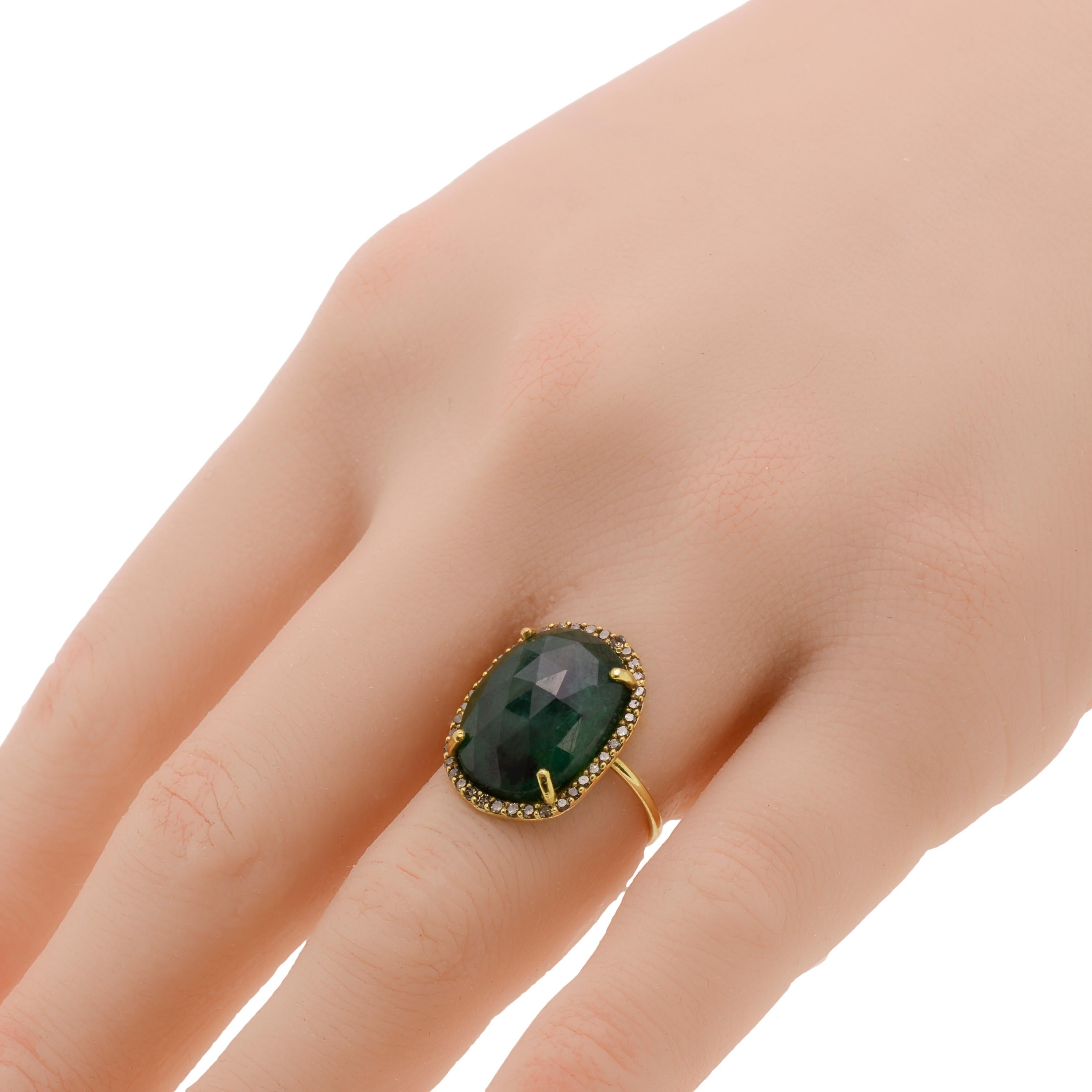 This brilliant Bavna 18K Yellow Gold Halo Ring features shimmering borders of pave 0.39ct. tw. flattering a festive emerald (6.50ct. tw.. Inspired by an immense appreciation for the beauty of nature, Bavna incorporates opulent shapes, textures, and