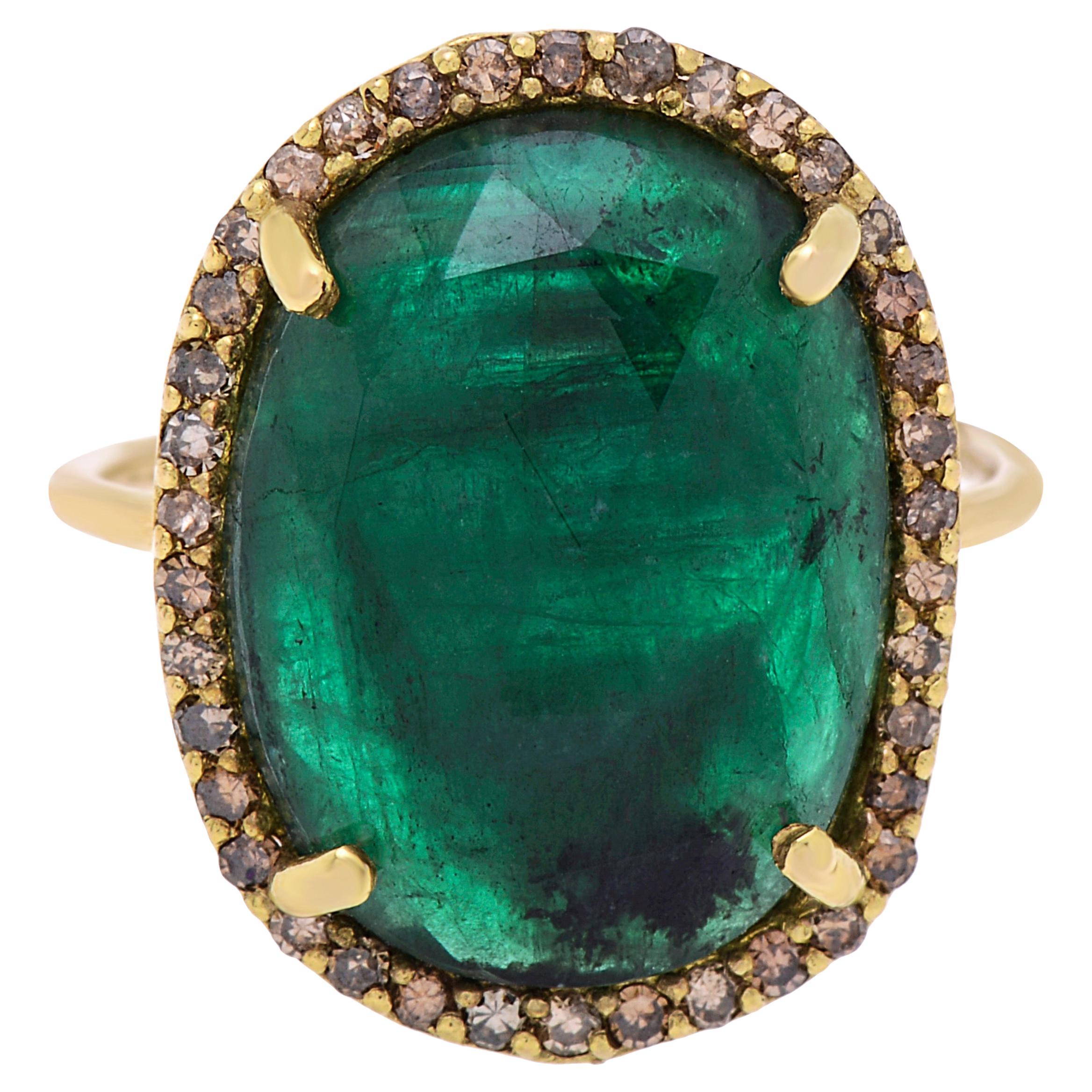 Bavna 18k Yellow Gold, Emerald and Pave Diamond Ring