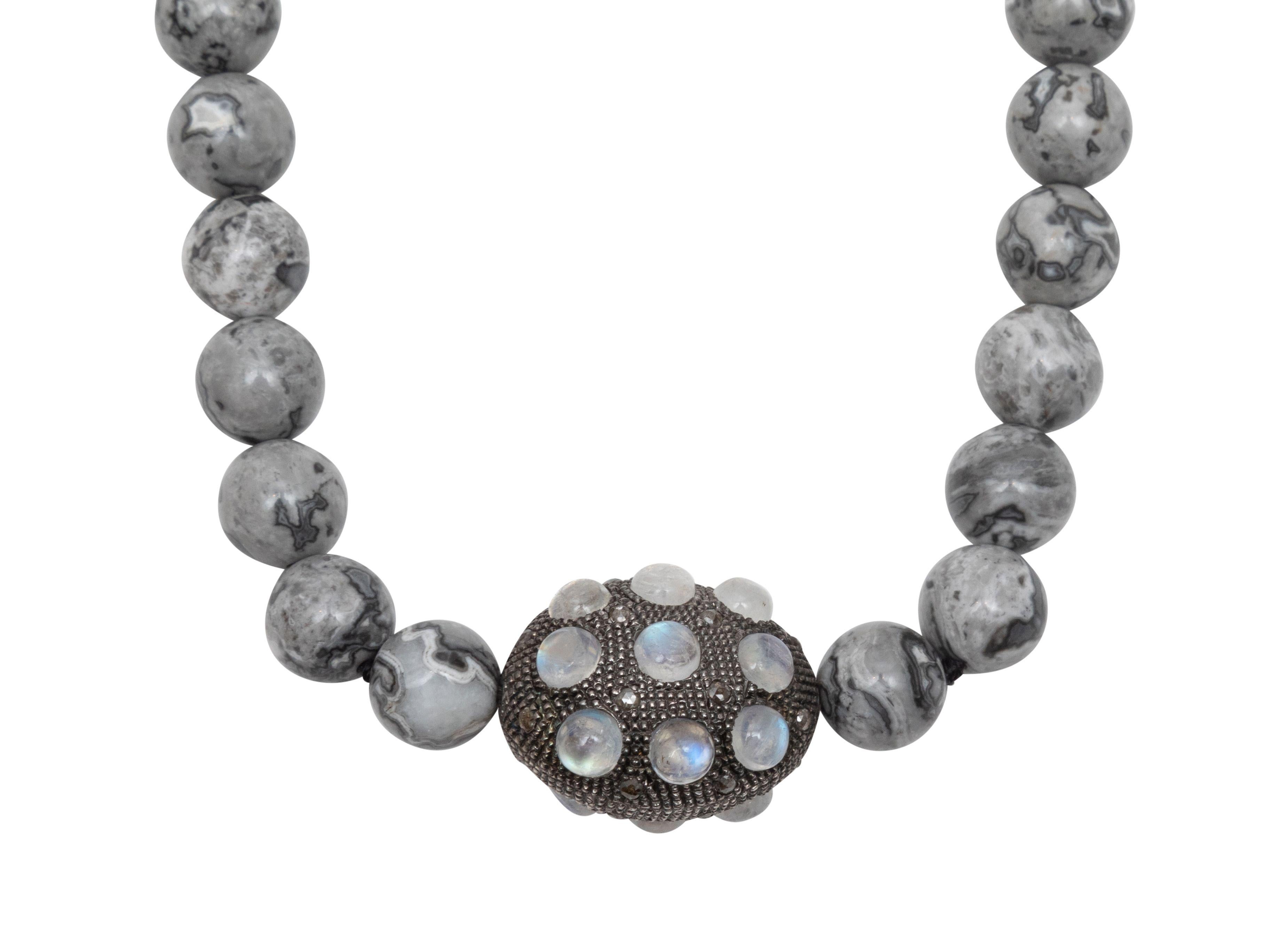 Product Details: Grey marble beaded strand necklace by Banva. Center pendant featuring moonstone and diamond embellishments. 15