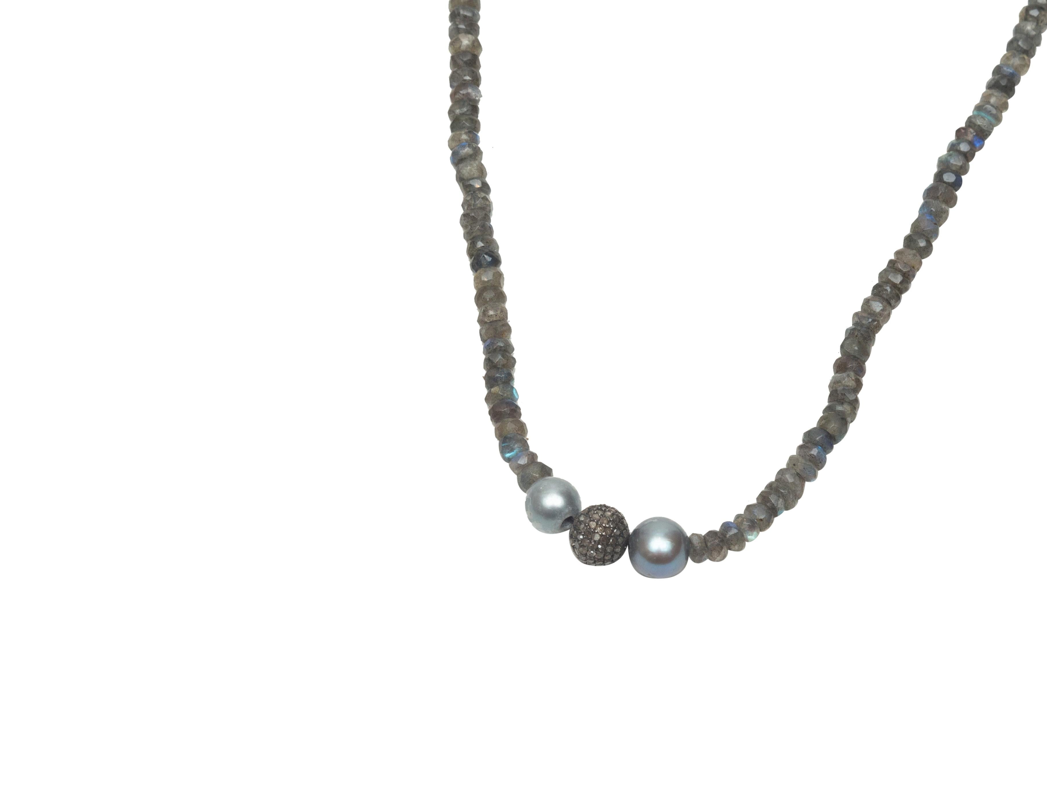 Product details: Grey and blue labradorite bead, pearl and champagne diamond strand necklace by Bavna. 36