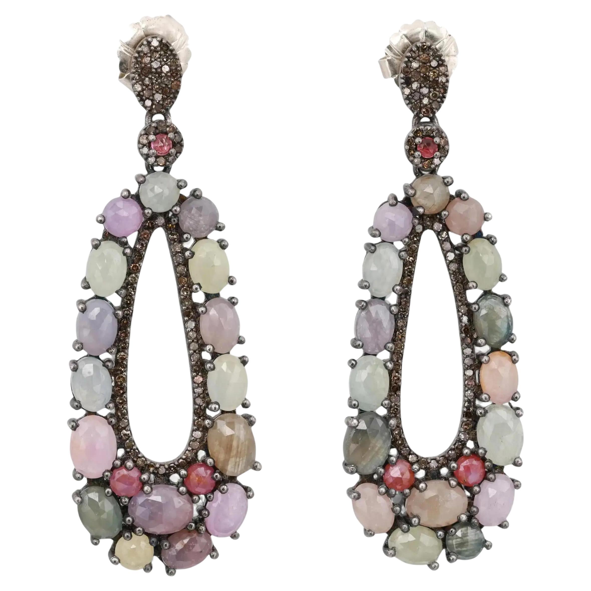 Bavna Multicolor Tourmaline & Diamond Drop Earrings 925 Sterling Silver