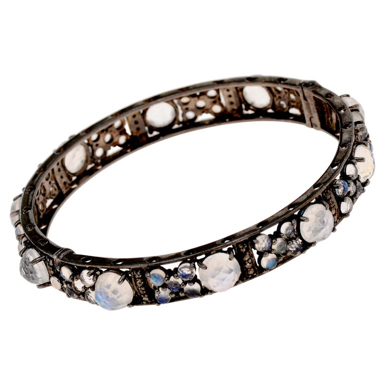 Bavna Sterling Silver Rainbow Moonstone and Diamonds Bangle Bracelet
