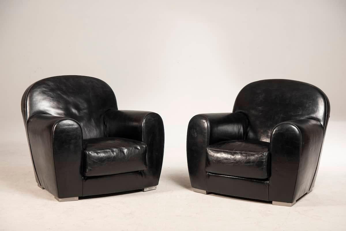 Modern Baxter Black Leather Diner Model pair of Armchairs  For Sale