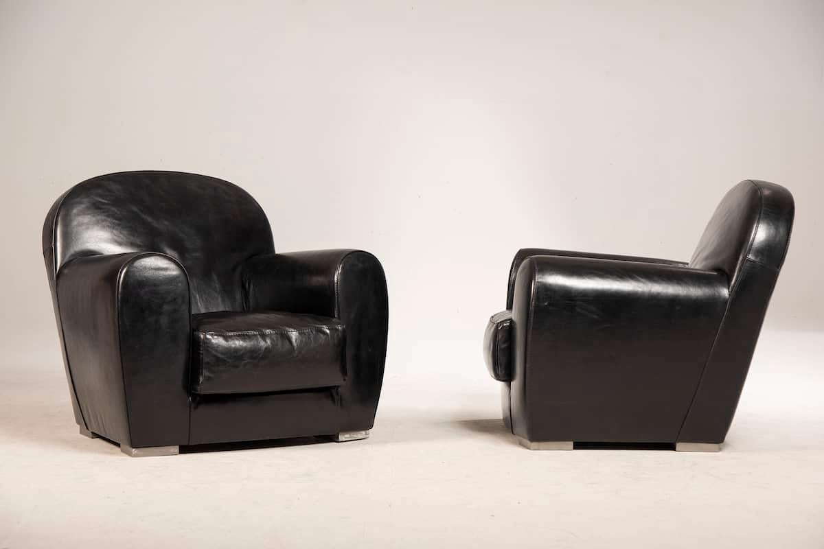 Contemporary Baxter Black Leather Diner Model pair of Armchairs  For Sale