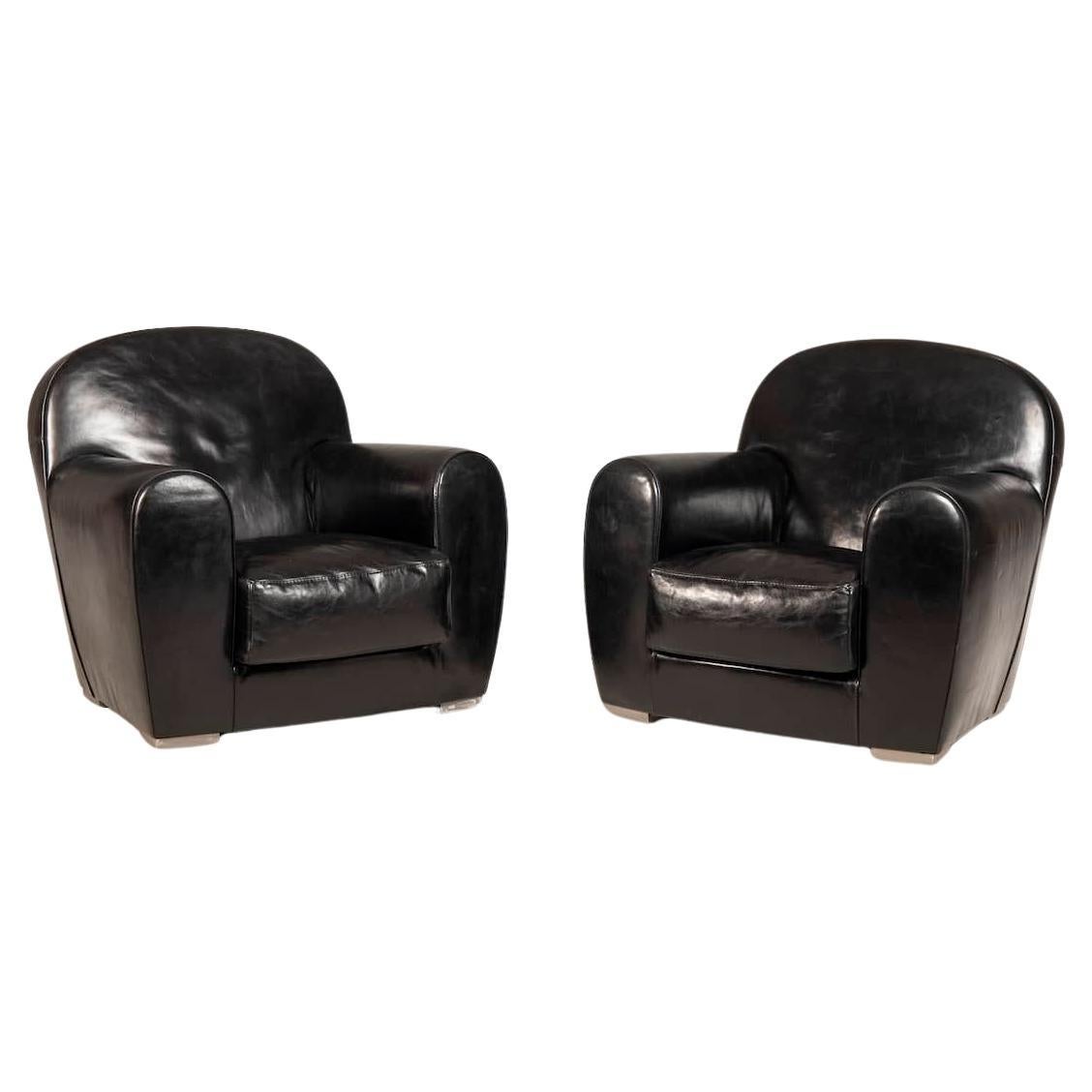 Baxter Black Leather Diner Model pair of Armchairs  For Sale