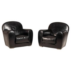 Used Baxter Black Leather Diner Model pair of Armchairs 