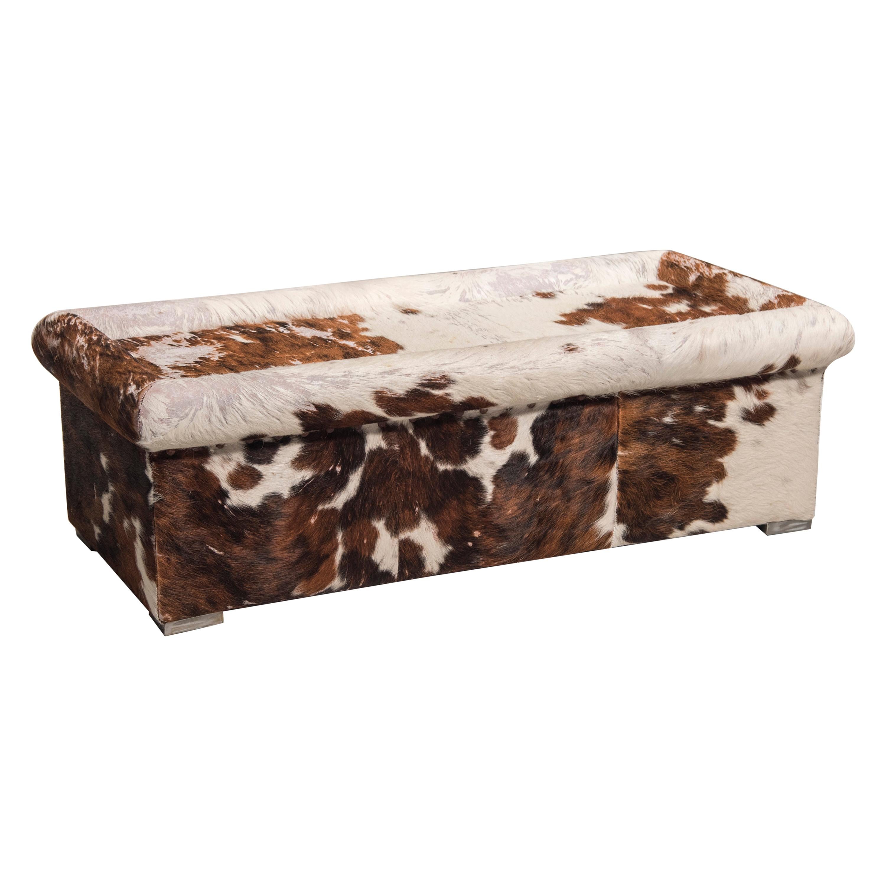 Baxter Brown and White Cow Fur Leather Ottoman or Coffee Table, Italy, 1990s