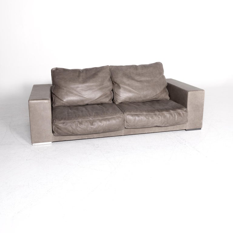 Baxter Budapest Designer Leather Sofa Gray Three Seat Couch For