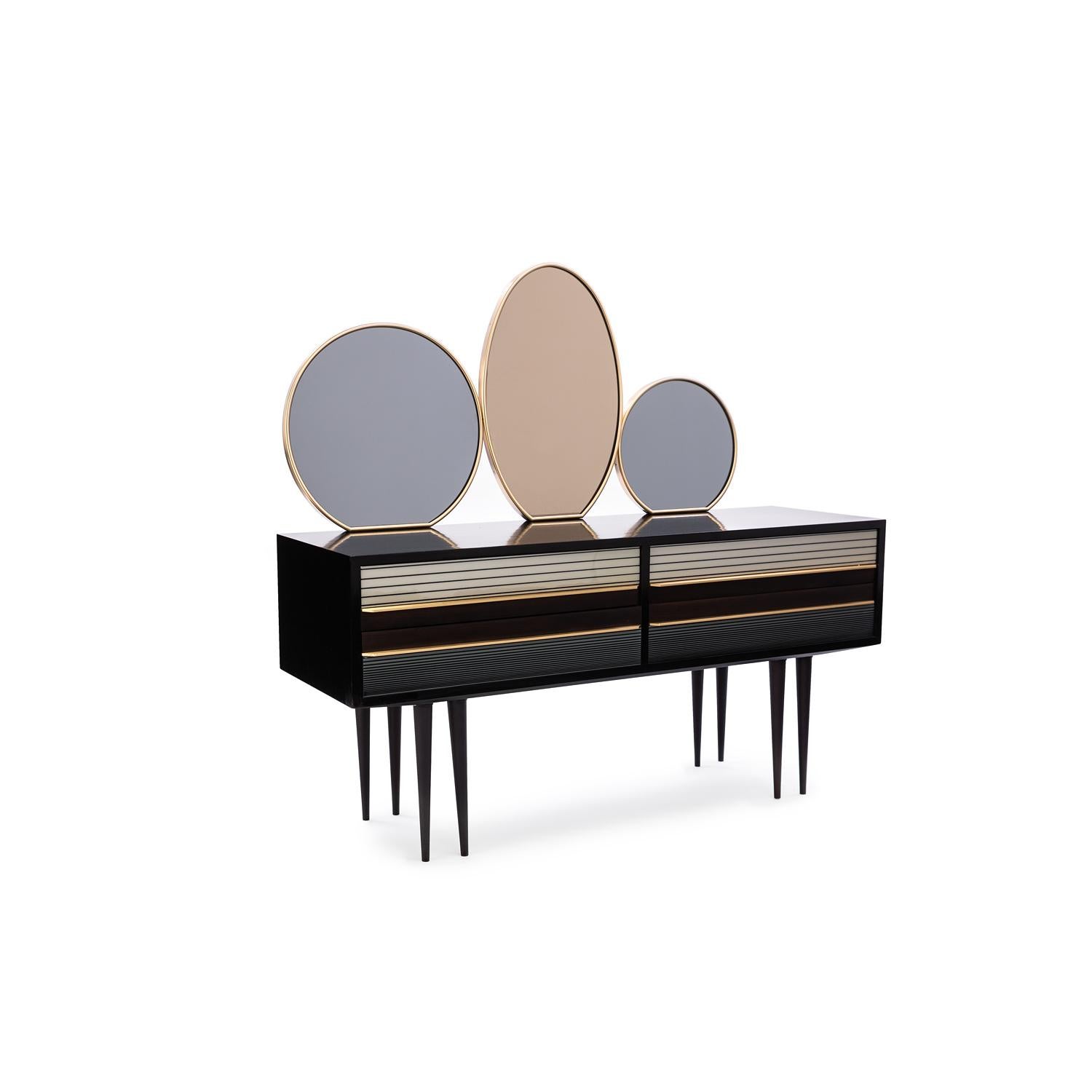 Baxter dark stained and natural-oil finished rosewood buffet no.2 featuring Avio and rose tinted lunar mirrors, accented by Satin Brass hardware, circa 1950, Italy by Draga & Aurel

Salone 2016 Italian inspired 1950s made In Italy.