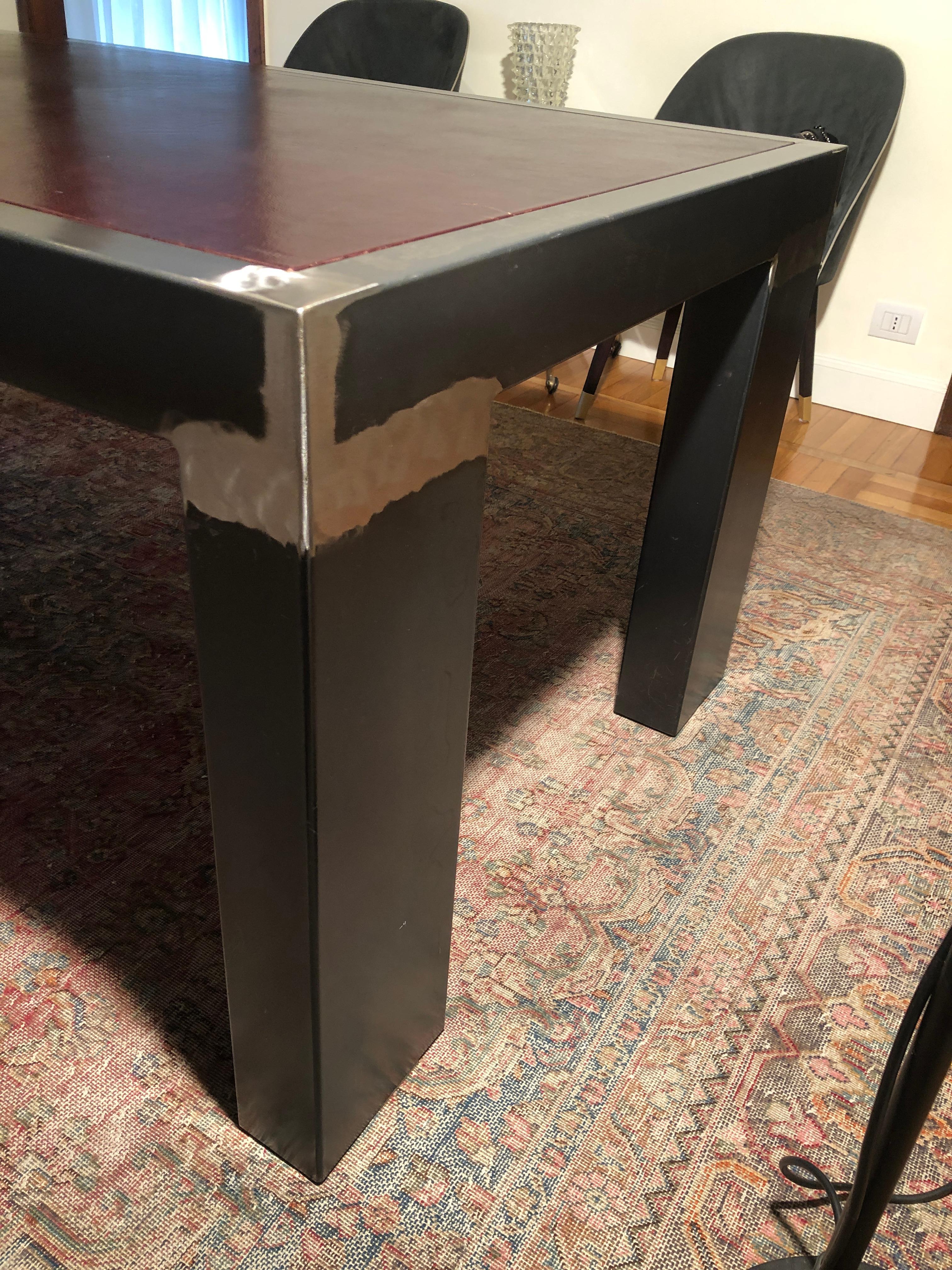 Baxter Morfeo Table Tubular Metal Structure and Brown Leather Top 3