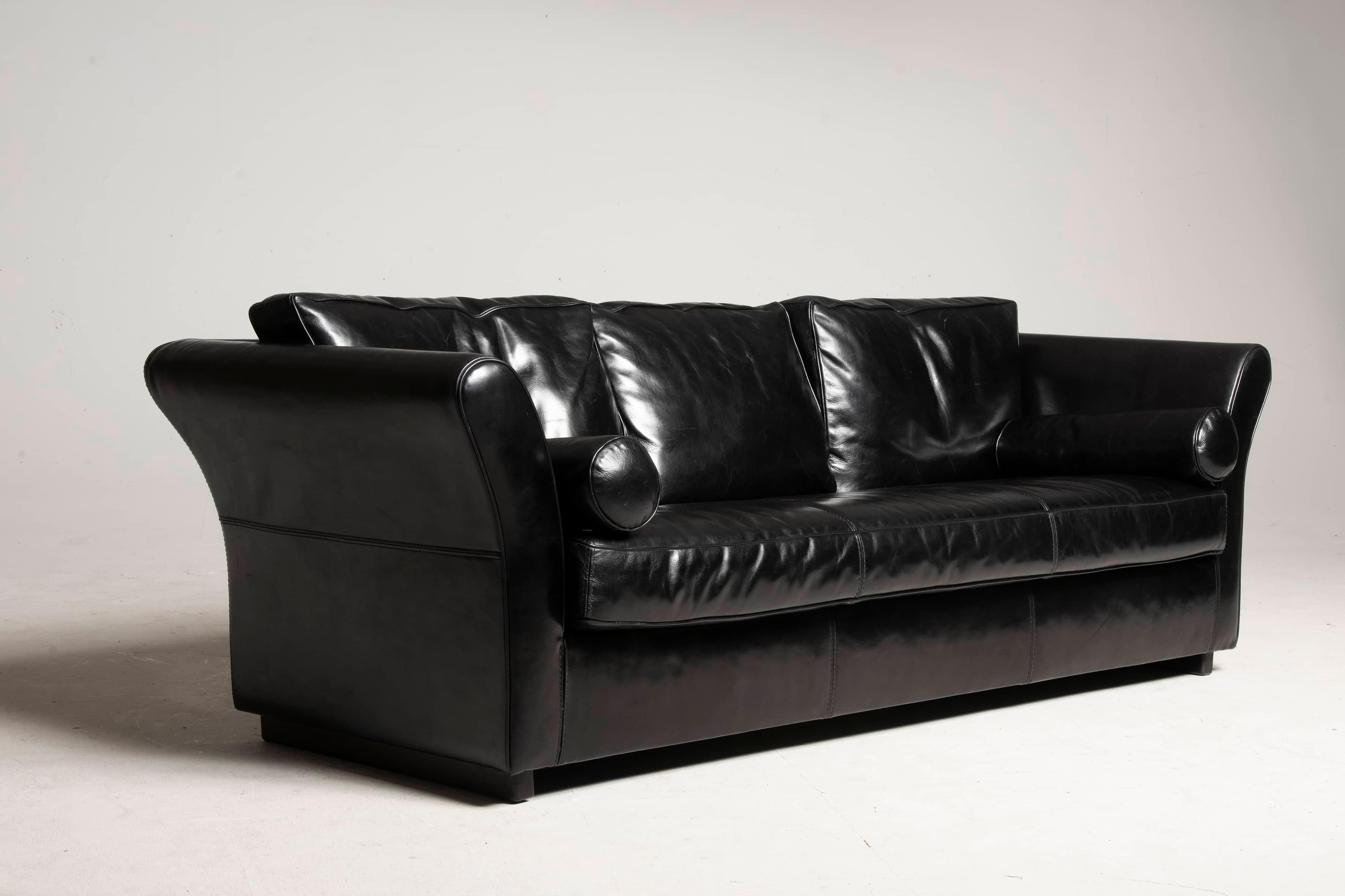Contemporary Baxter Sofa Black Polished Leather Three Seater Diner Model For Sale