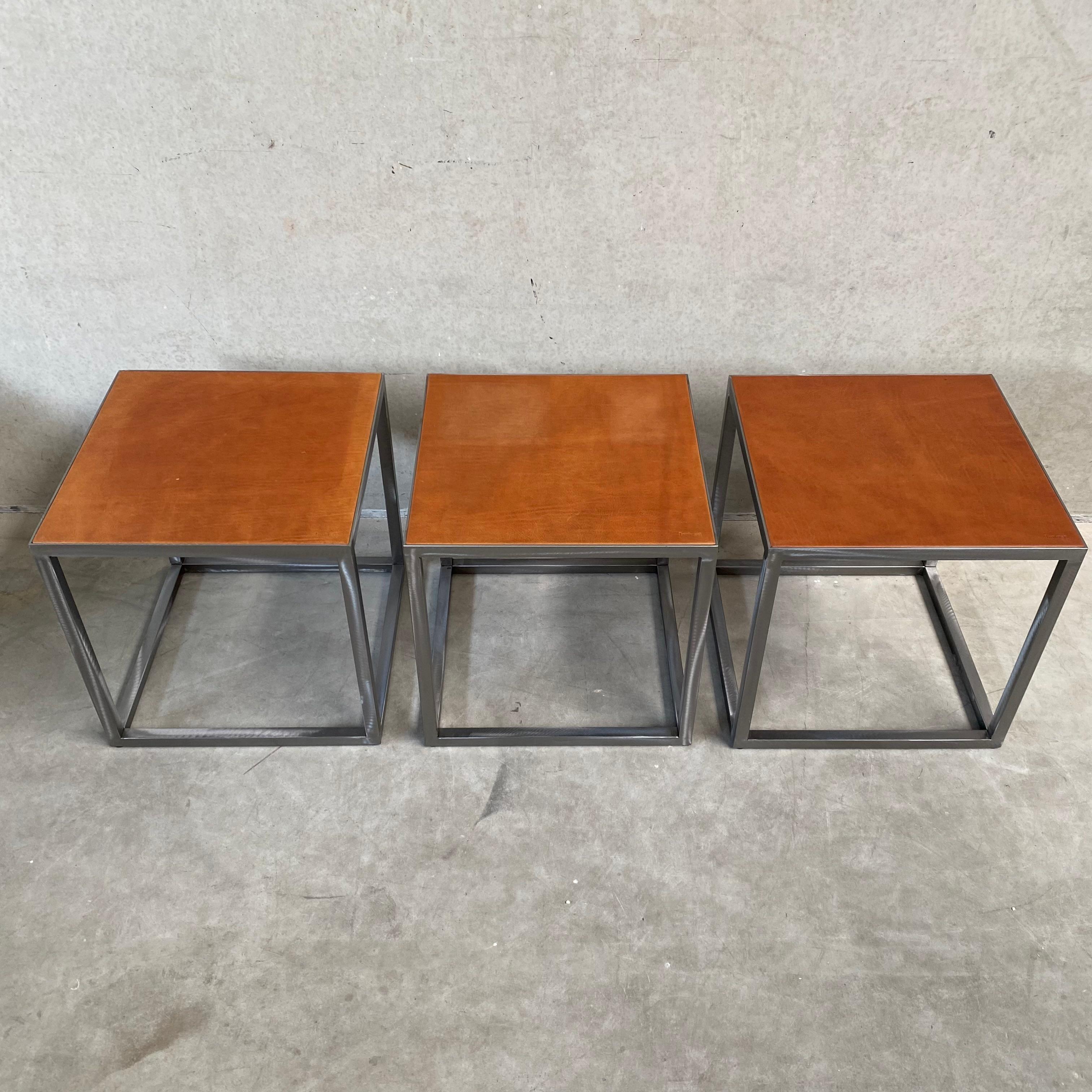 Late 20th Century Baxter Square Cognac Brown Leather Coffee Table Side Table 