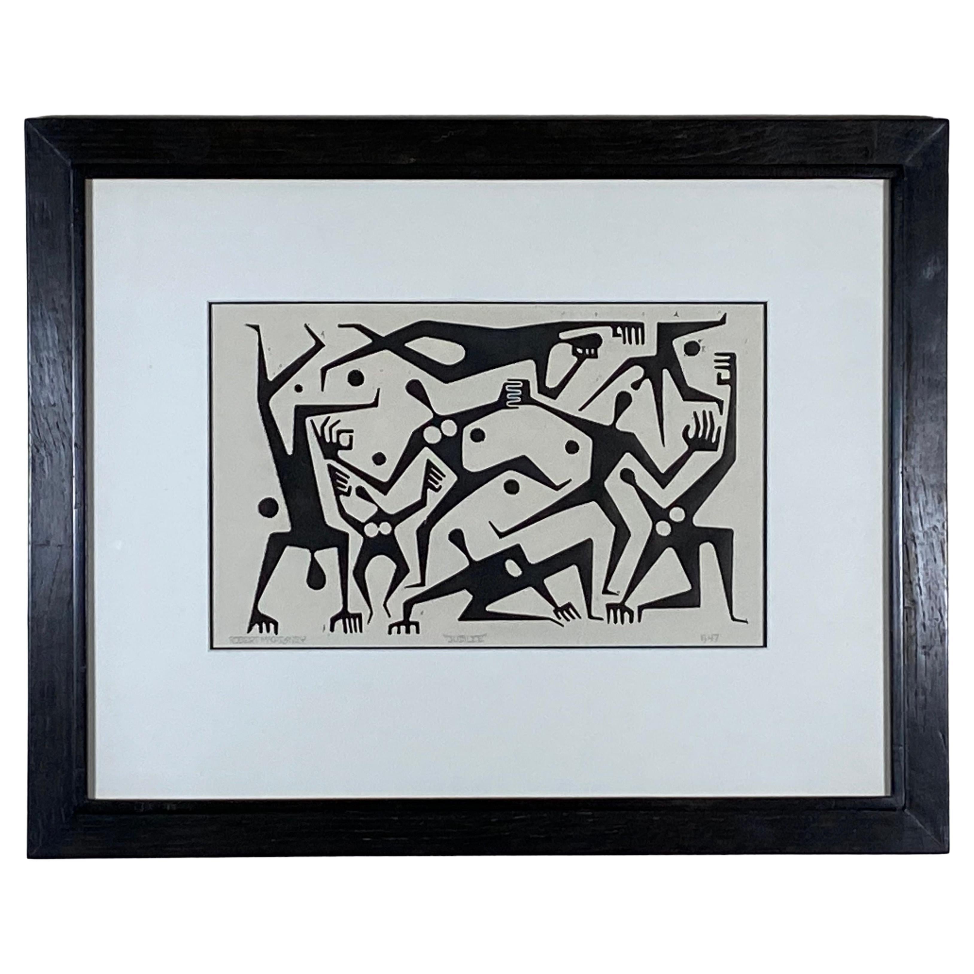 Bay Area Artist Robert McChesney Linocut Figurative Abstract "Jubilee" 1947 For Sale