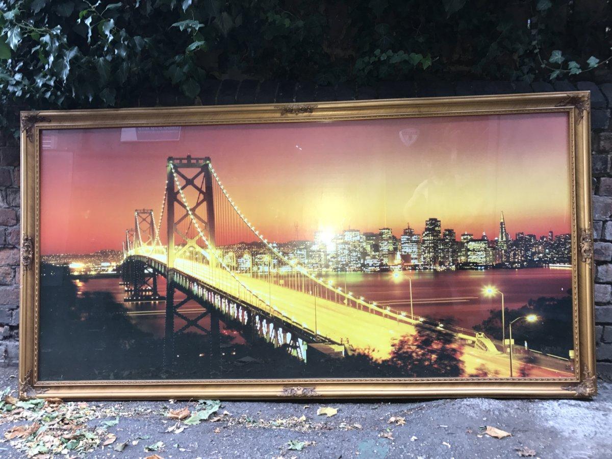 Bay Bridge, San Francisco. An unusual original back lit picture printed on glass that has an electric light in a specially made Victorian style frame with a depth of 5 inches to house the bulbs.