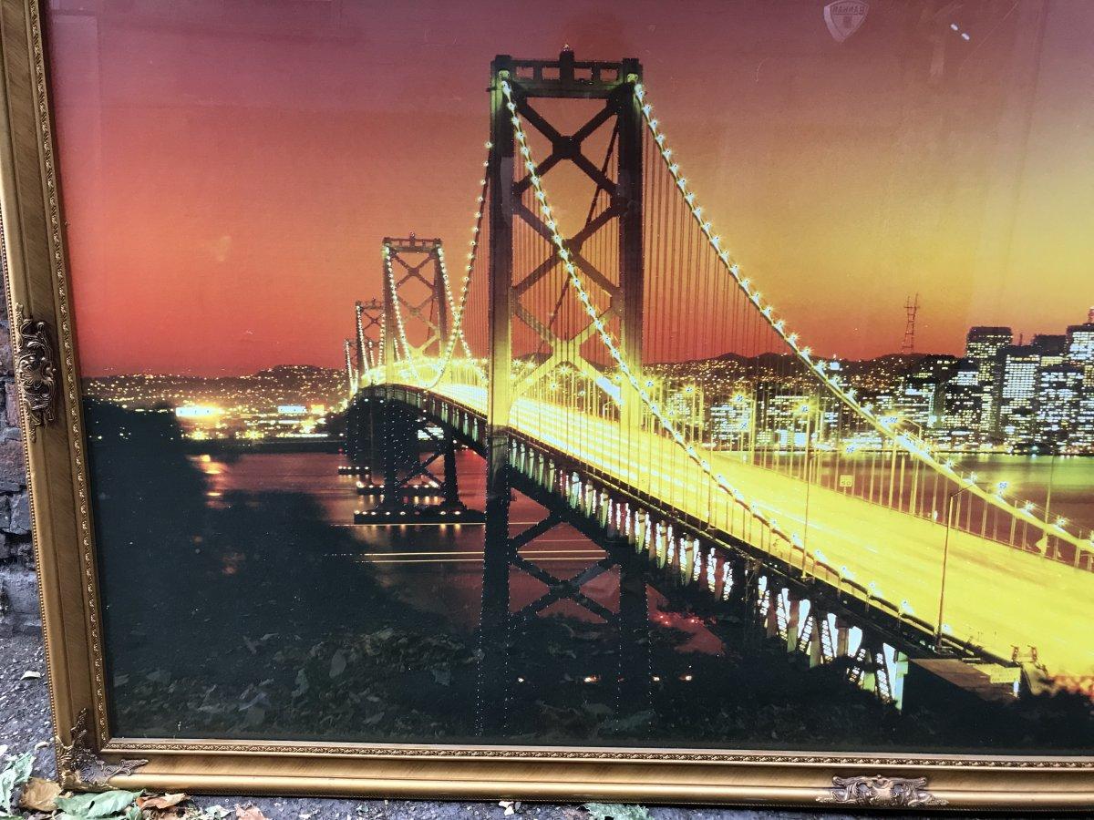 Bay Bridge, San Francisco a Large Printed Glass Illuminated Back Lit Picture In Good Condition For Sale In London, GB