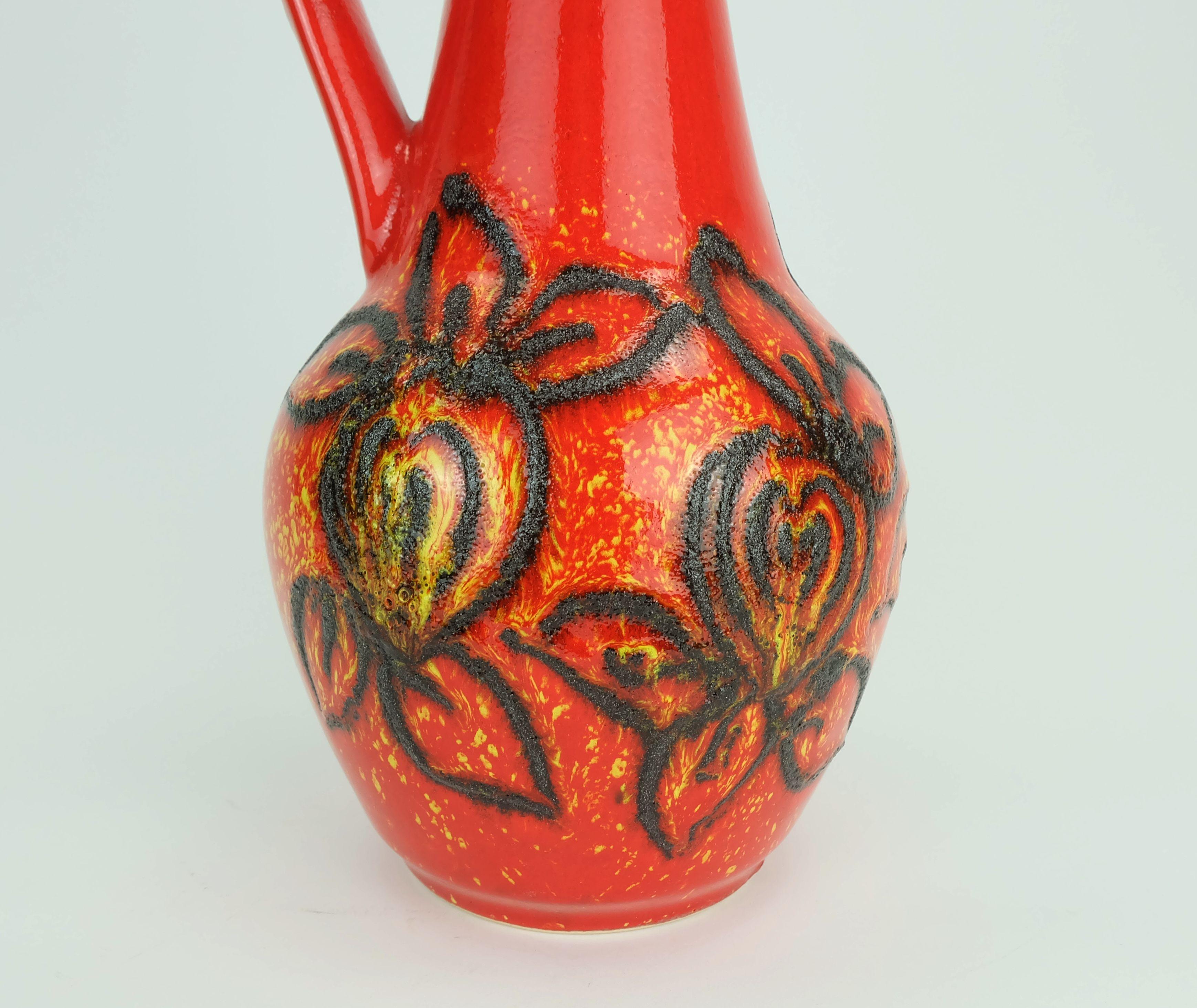 German bay keramik 1960's 70's vintage VASE red yellow black lava pattern model 67 30 For Sale