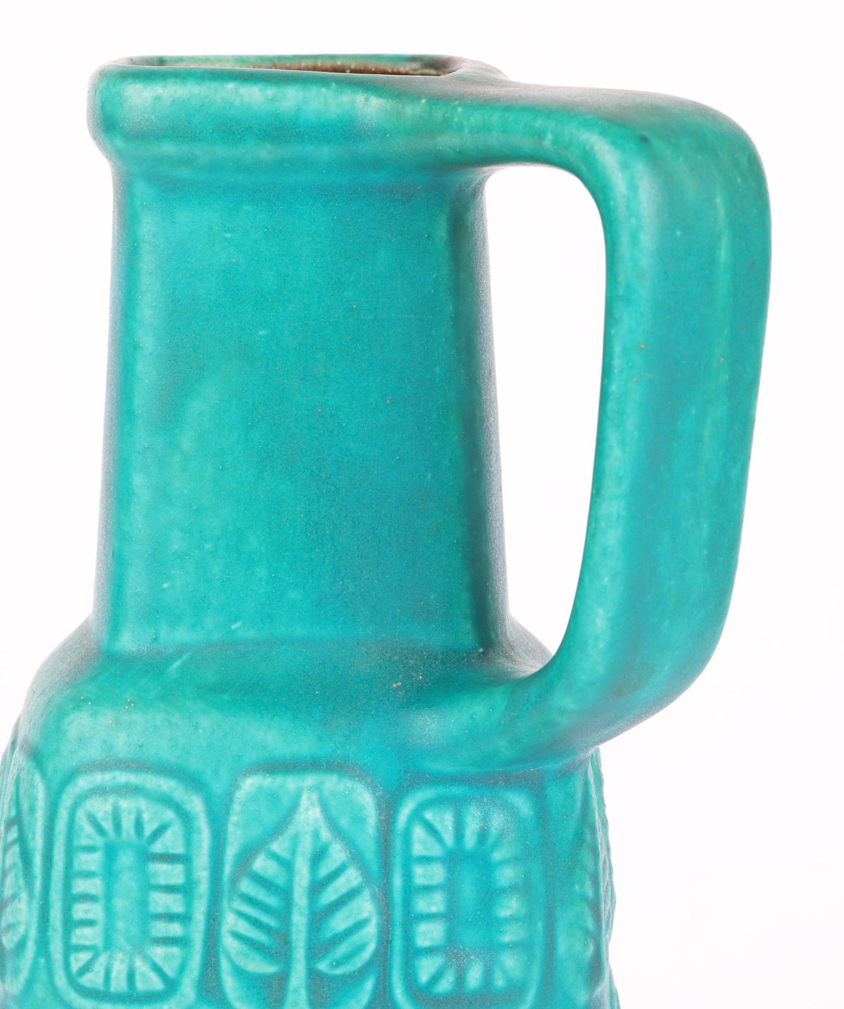 Hand-Painted Bay Keramik German Mid-Century Turquoise Glazed Molded Pottery Vase