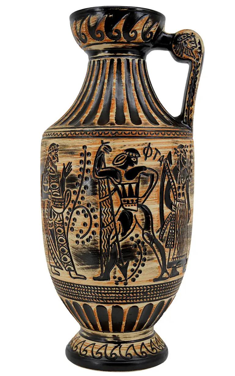Large mid-century stoneware vase with a handle by Bay Keramik, Germany. Magnificent revolving decor showing Sumerian characters and scenes of life. Measures: Height: 17.9
