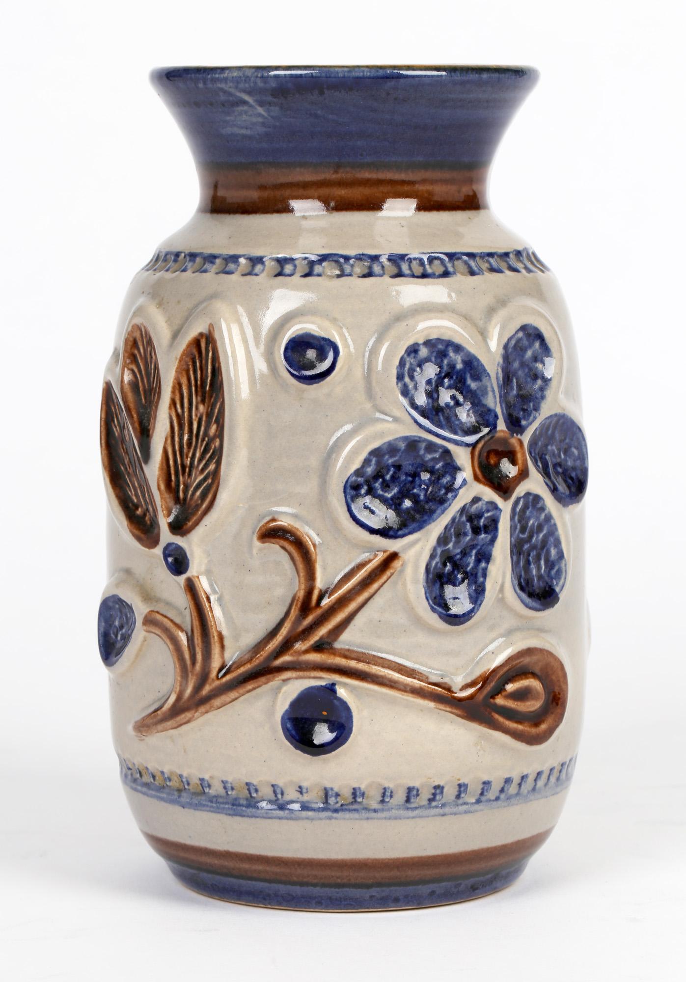 Hand-Painted Bay Keramik Mid-Century West German Floral Design Art Pottery Vase For Sale
