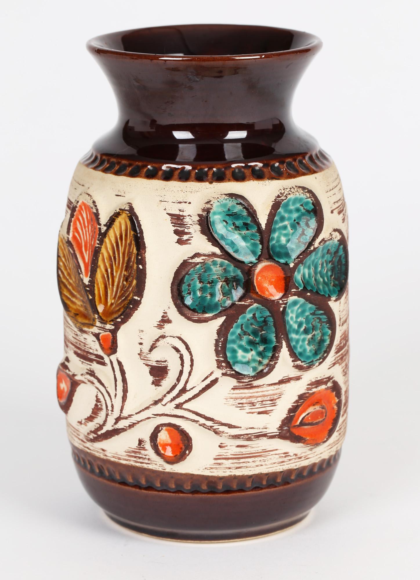 20th Century Bay Keramik Mid-Century West German Floral Design Art Pottery Vase For Sale