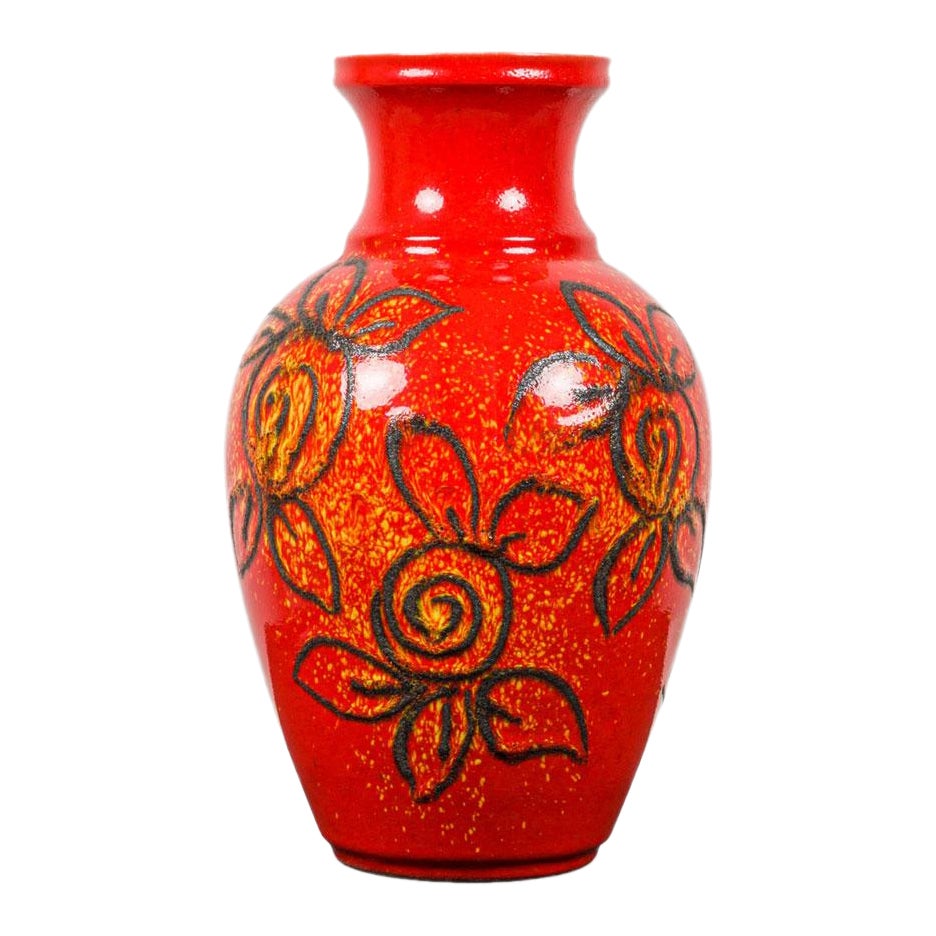 Bay Keramik West German Black Floral Pattern and Red Glazed Ceramic Vase For Sale