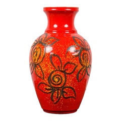 Bay Keramik West German Black Floral Pattern and Red Glazed Ceramic Vase