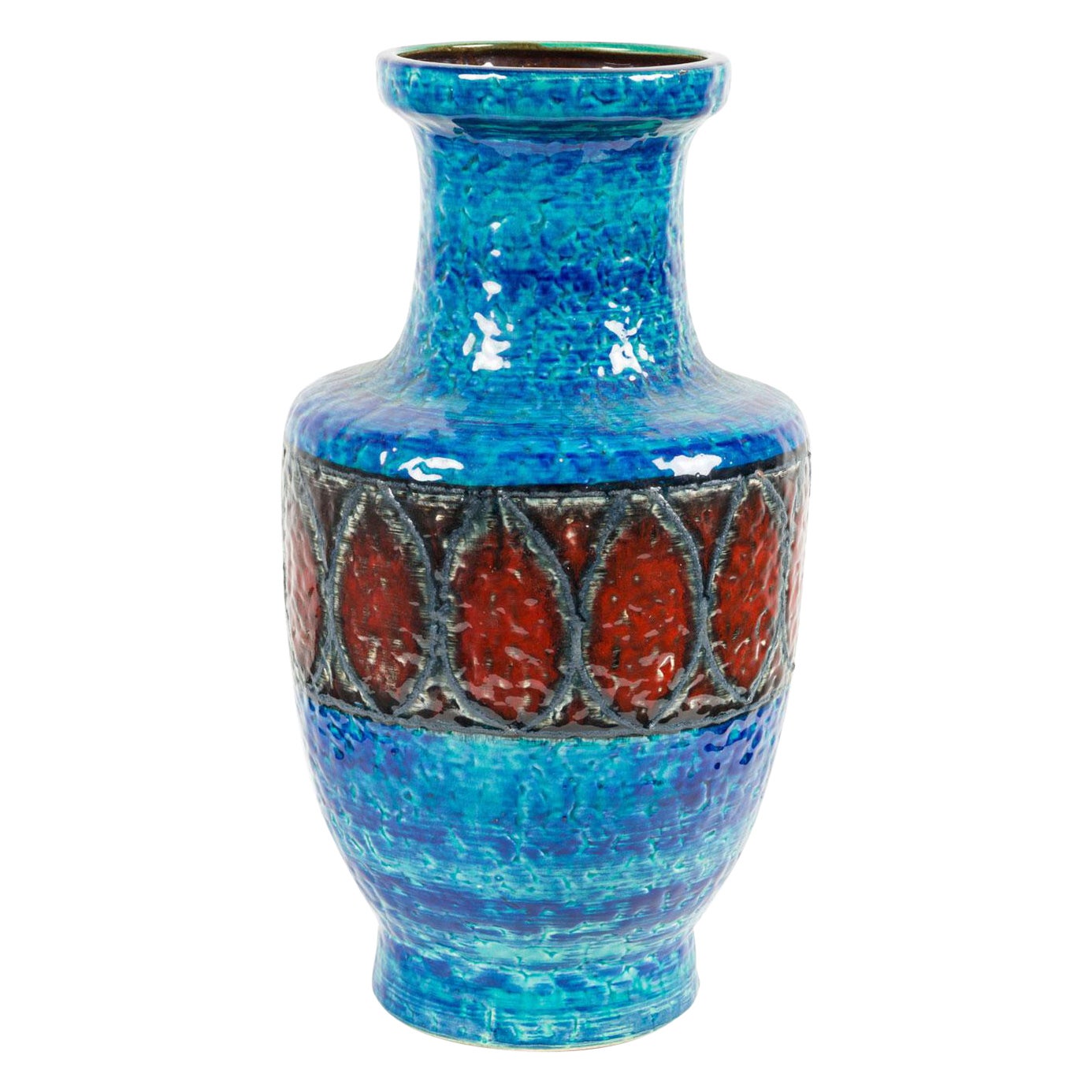 Bay Keramik West German Mid-Century Fat Lava Blue and Red Glazed Ceramic Vase en vente