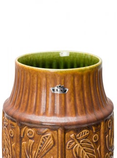 Bay Keramik West German Mid-Century Leaf and Grid Incised Glazed Ceramic Vase