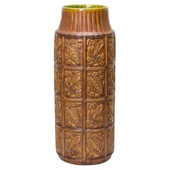 Bay Keramik West German Mid-Century Leaf and Grid Incised Glazed Ceramic Vase