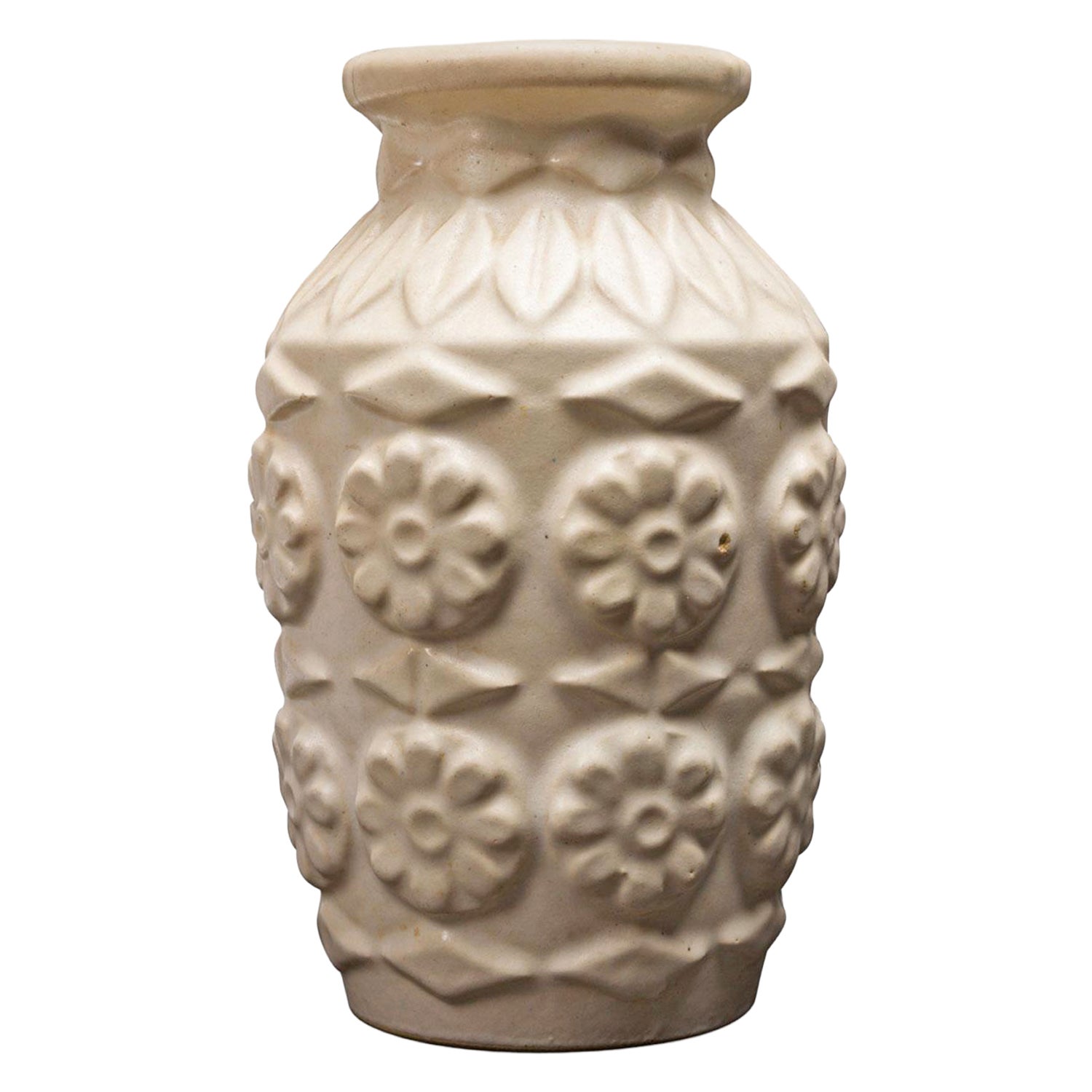 Bay Keramik West German Mid-Century Raised Flower and Leaf Design Ceramic Vase