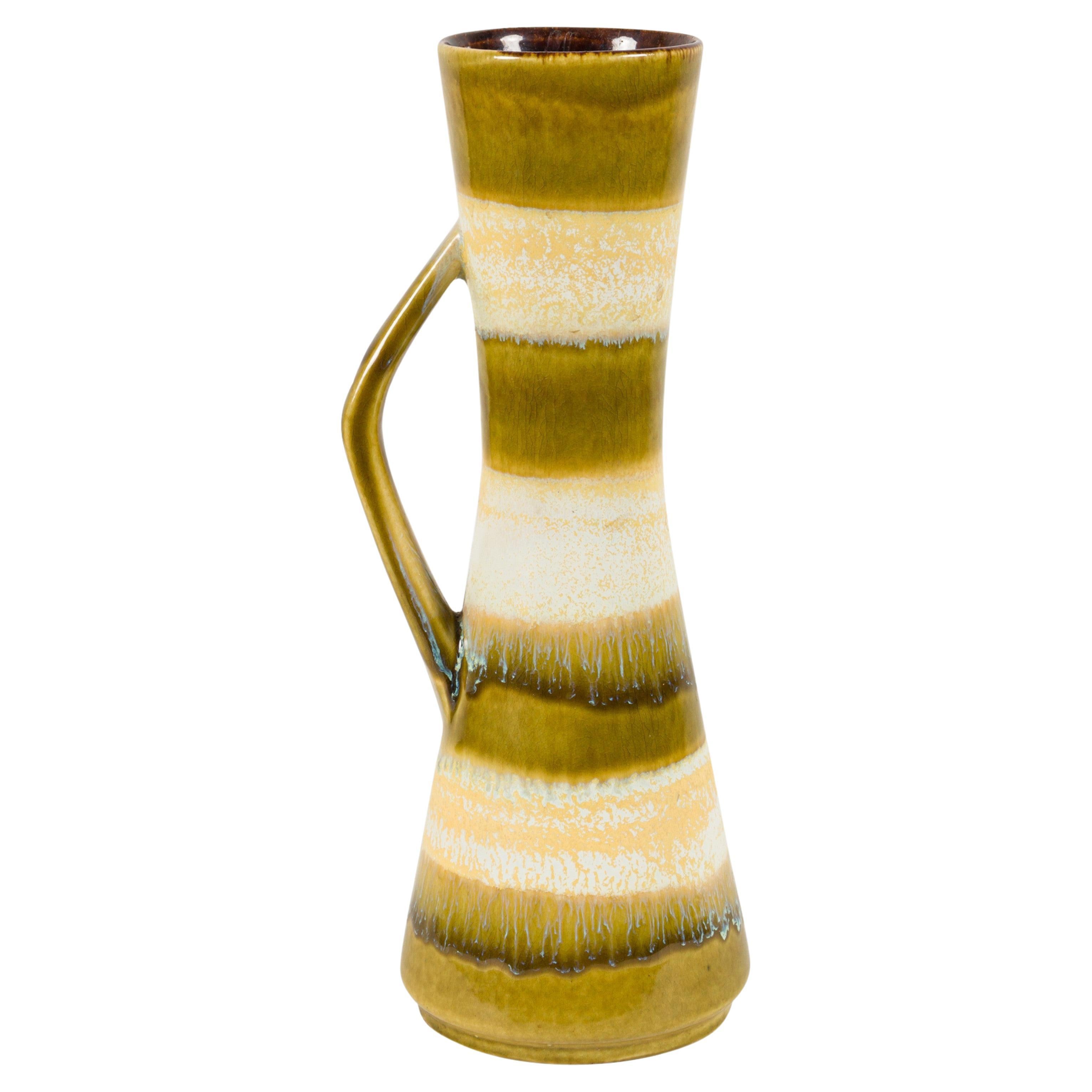 Bay Keramik West German Mid-Century Yellow Green and Beige Striped Glaze Ceramic For Sale