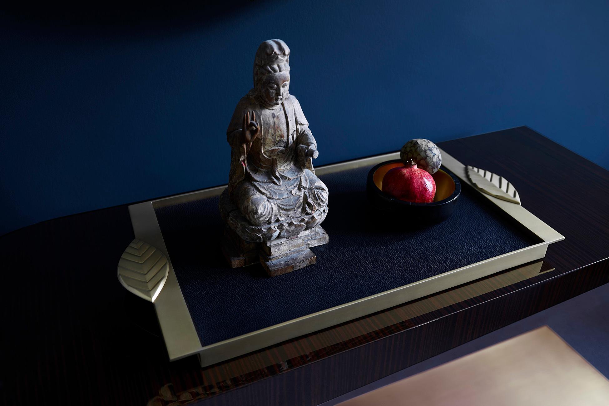 Contemporary Modern Handcrafted Tray in Solid Brass and Leather by Belbar Studio For Sale