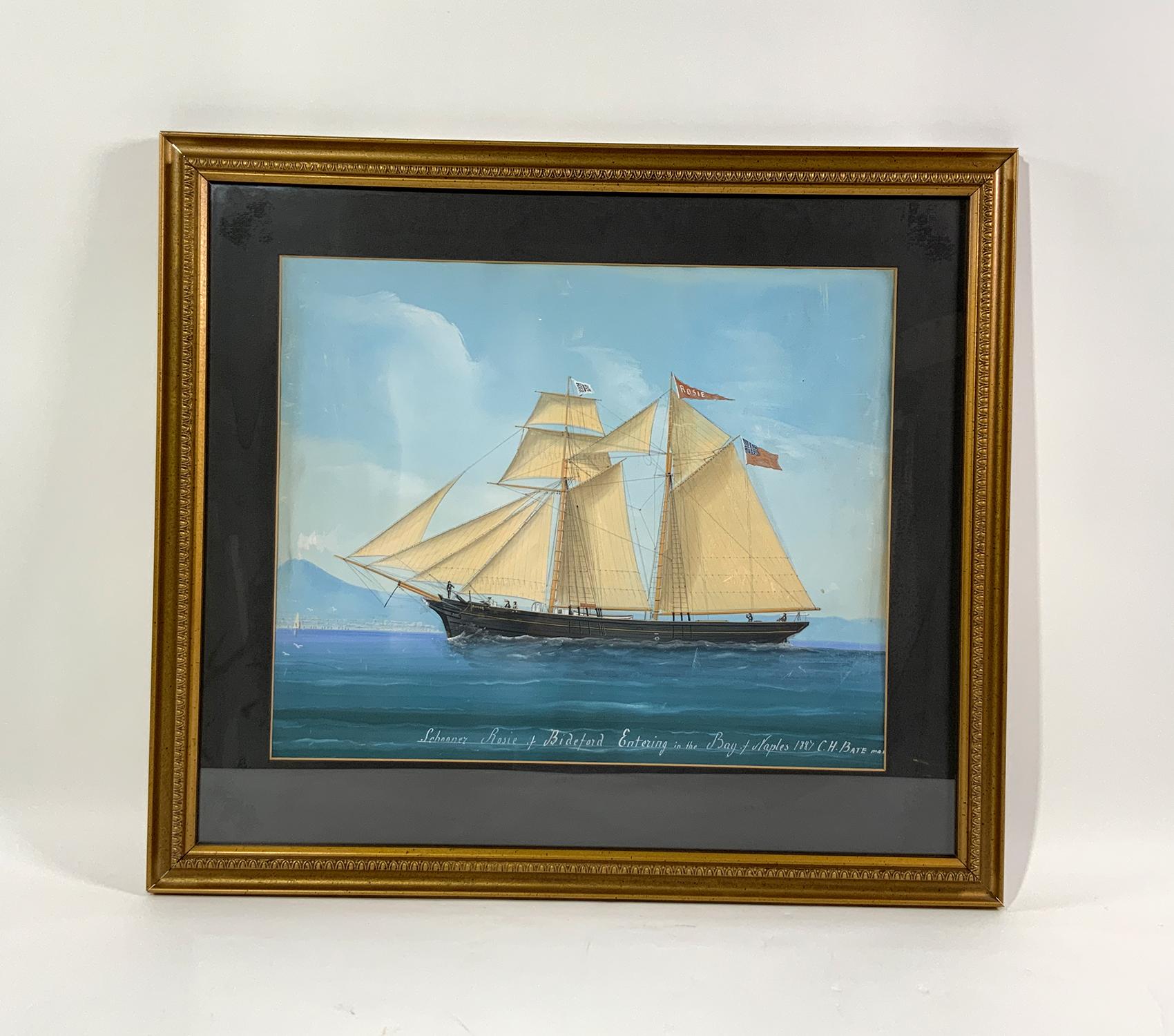 Gouache painting of the Brigantine Rosie of Biddeford in the Bay of Naples in 1887. C.H. Bate, Master. Finely detailed work with trimmed sails, standing and running cords, crew on deck, one with binoculars, a bow lookout and captain at the helm.
