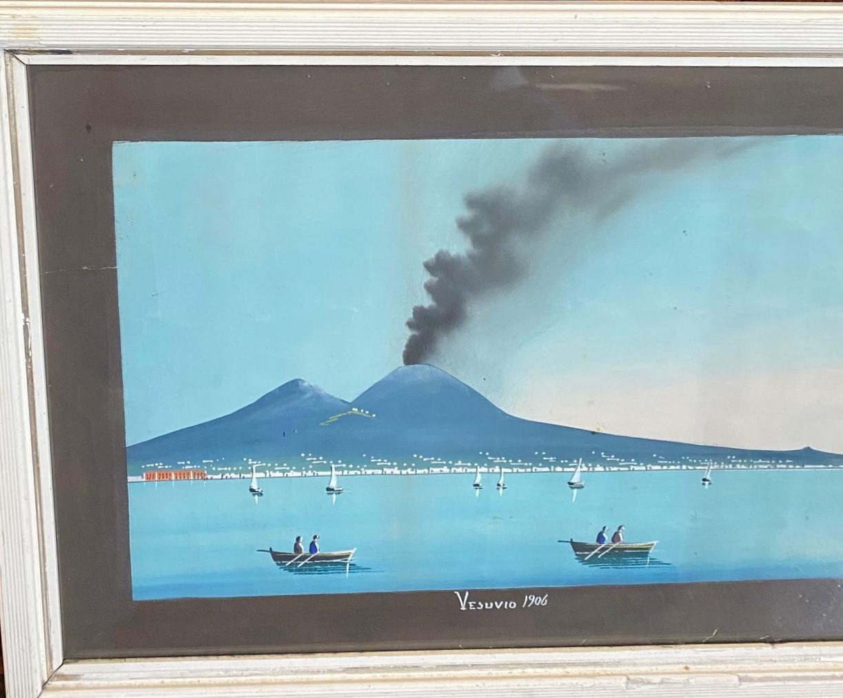 Antique Bay of Naples Gouache Seascape with Vesuvius Erupting, 1906, a fine gouache on paper seascape with the panoramic Bay of Naples stretching wide, with Mt Vesuvius erupting in the background, two Neapolitan fishing boats in the foreground,
