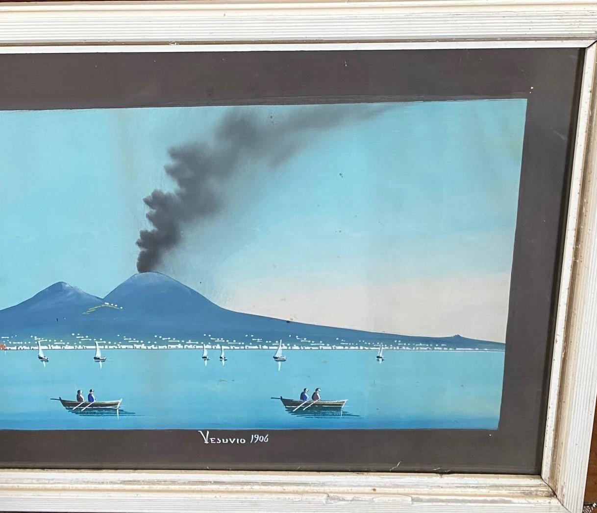 Grand Tour Bay of Naples Gouache Seascape with Vesuvius Erupting, 1906 For Sale