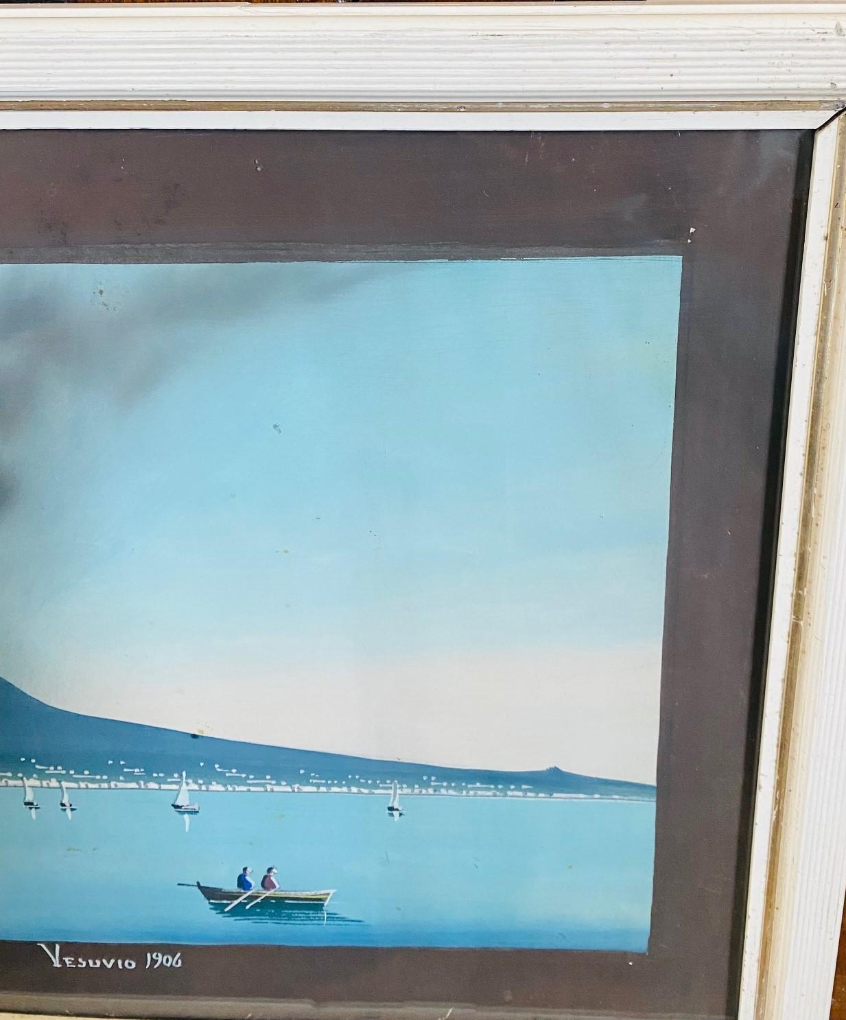 Italian Bay of Naples Gouache Seascape with Vesuvius Erupting, 1906 For Sale