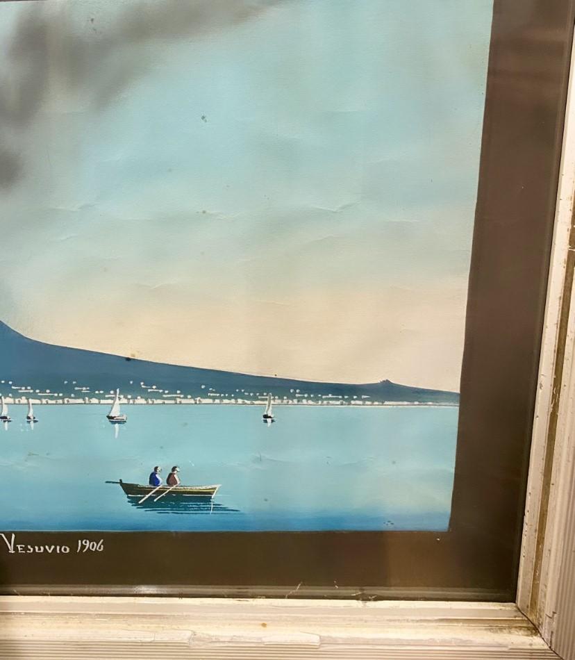 Hand-Painted Bay of Naples Gouache Seascape with Vesuvius Erupting, 1906 For Sale