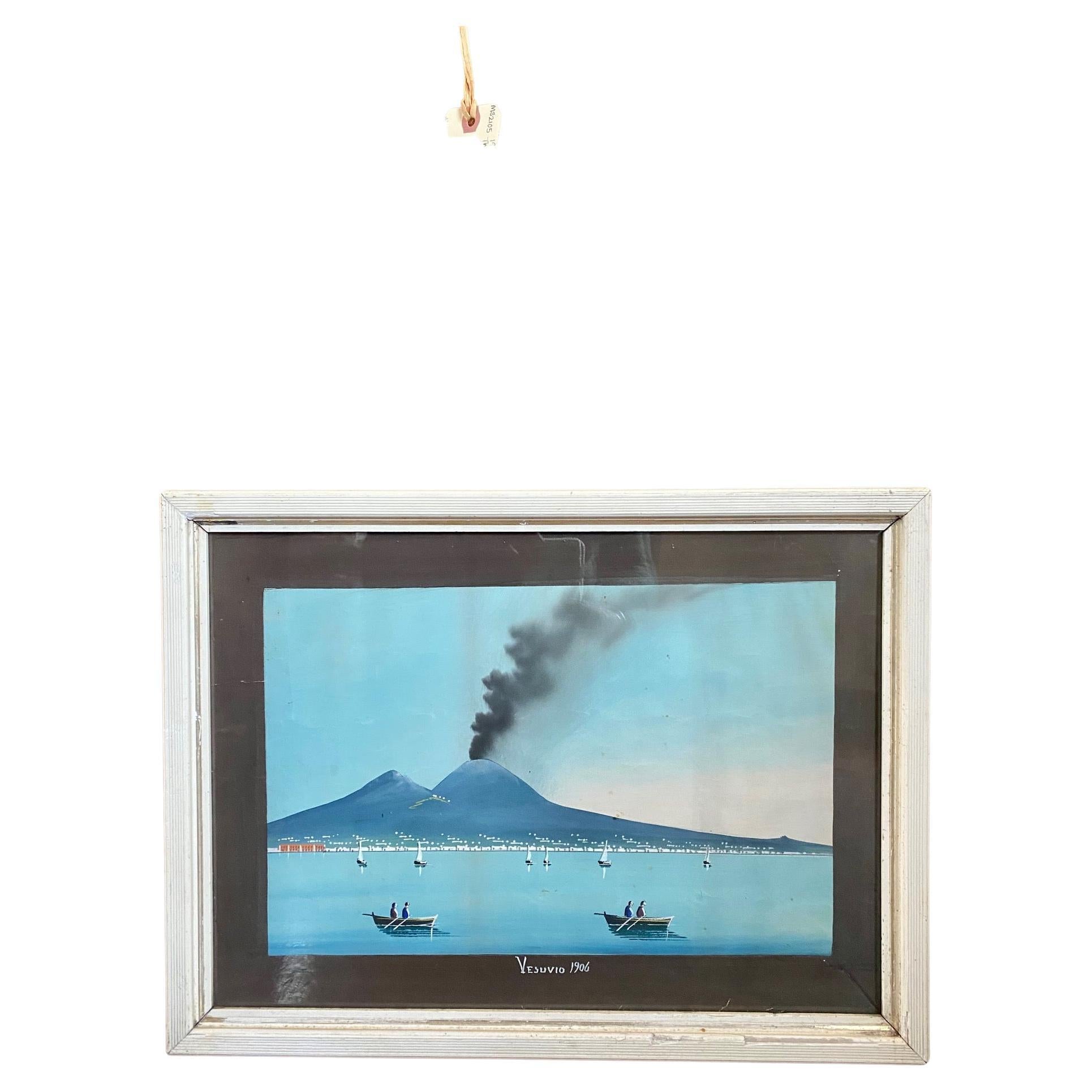 Bay of Naples Gouache Seascape with Vesuvius Erupting, 1906 For Sale