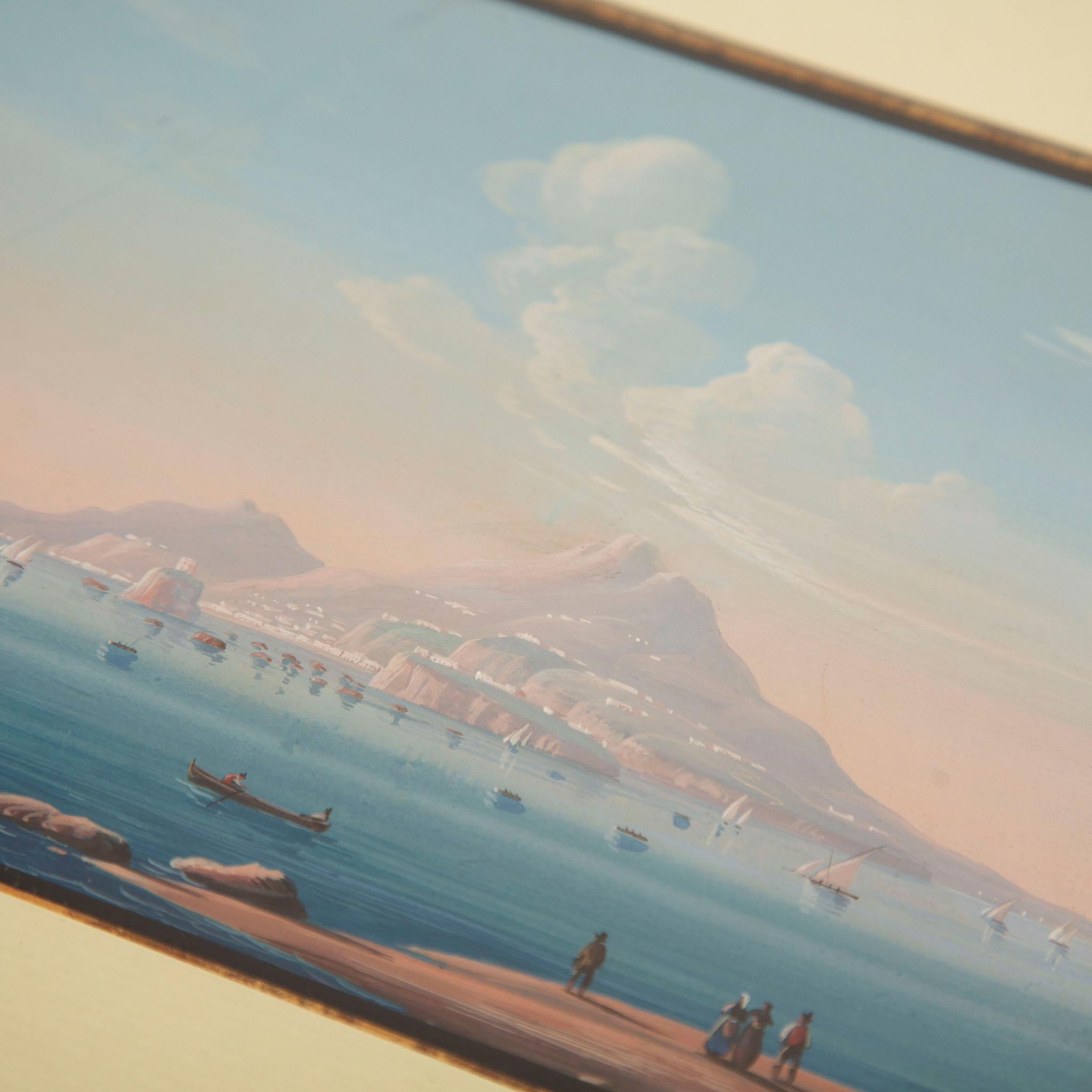 19th Century Neapolitan School Watercolor and Gouache of the Bay of Naples
A luminous and finely detailed 19th century Neapolitan School watercolor and gouache painting depicting the serene Bay of Naples with Mount Vesuvius in the distance. The