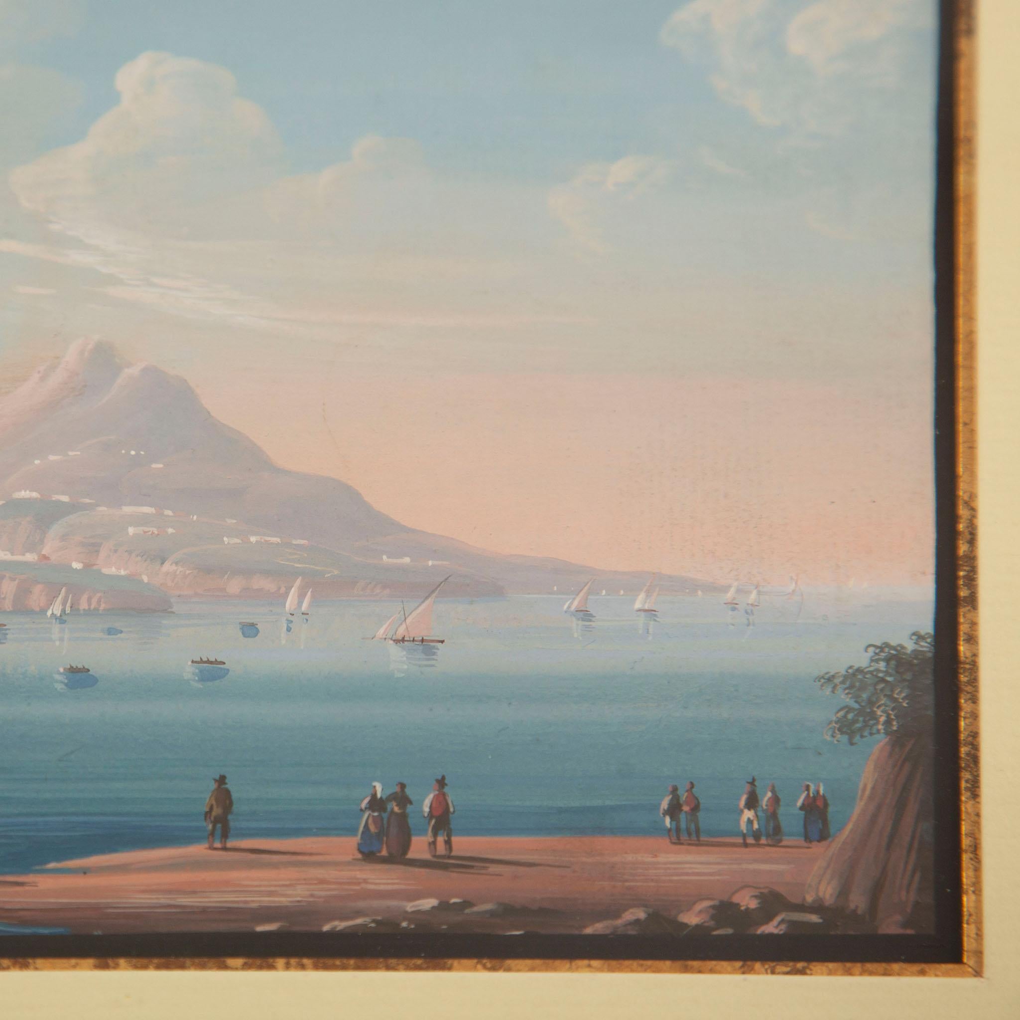 Bay of Naples with Mount Vesuvius – 19th Century Italian Grand Tour Watercolor In Excellent Condition For Sale In New York, NY