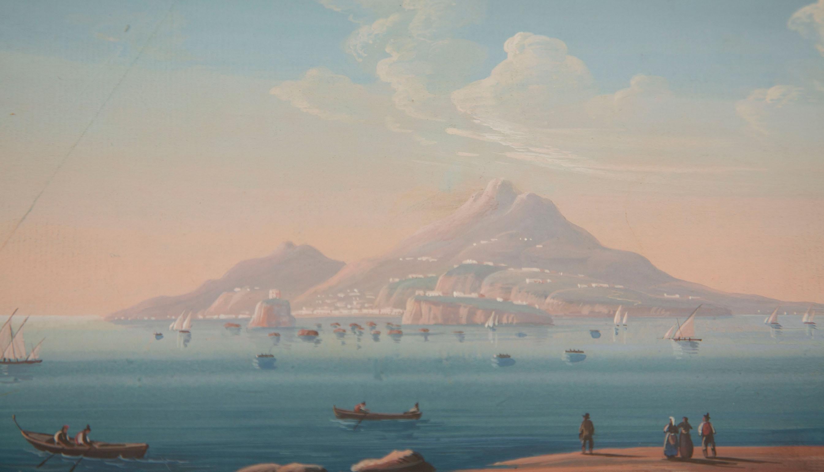 Glass Bay of Naples with Mount Vesuvius – 19th Century Italian Grand Tour Watercolor For Sale