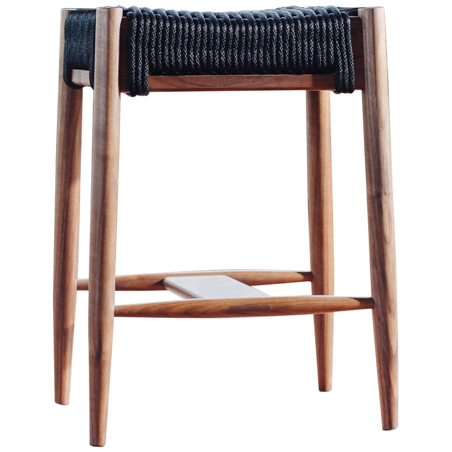Bay Stool, Handmade Modern Walnut and Rope Woven Seat Counter Stool