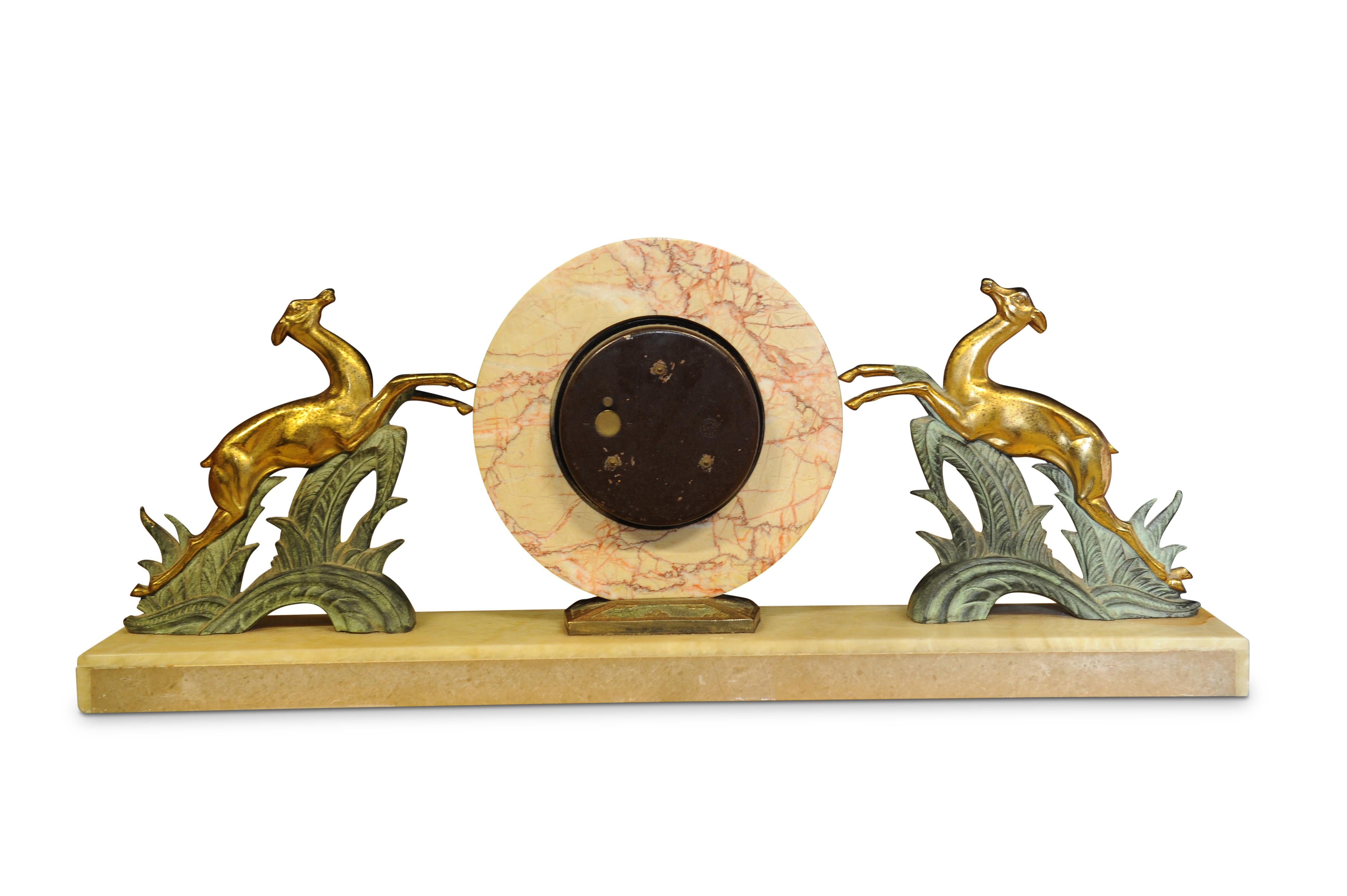 French Bayard Art Deco Onyx, Marble and Spelter Mantle Clock with Gilt Leaping Deer For Sale