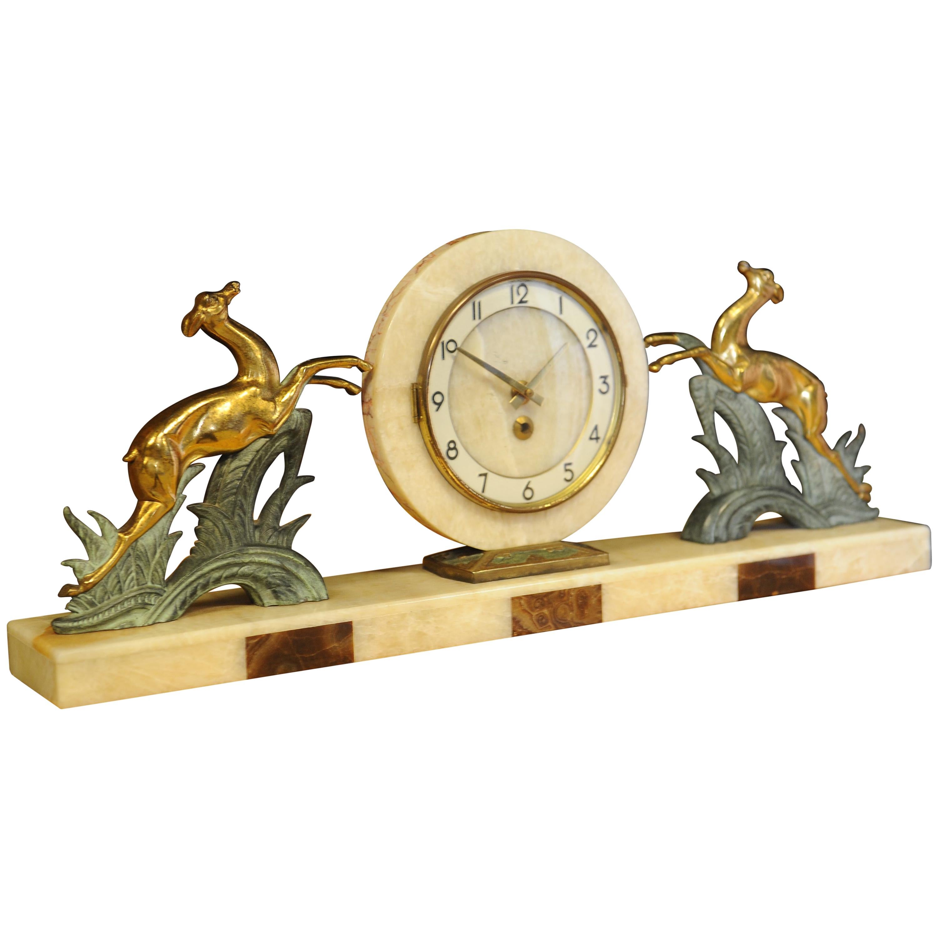 Bayard Art Deco Onyx, Marble and Spelter Mantle Clock with Gilt Leaping Deer For Sale