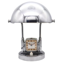 Bayard France 1930 Art Deco Desk Table Lamp and Alarm Clock in Stainless Steel