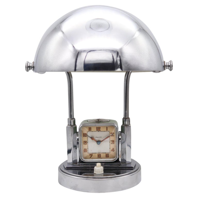 Bayard France 1930 Art Deco Desk Table Lamp And Alarm Clock In Stainless Steel For Sale at 1stDibs