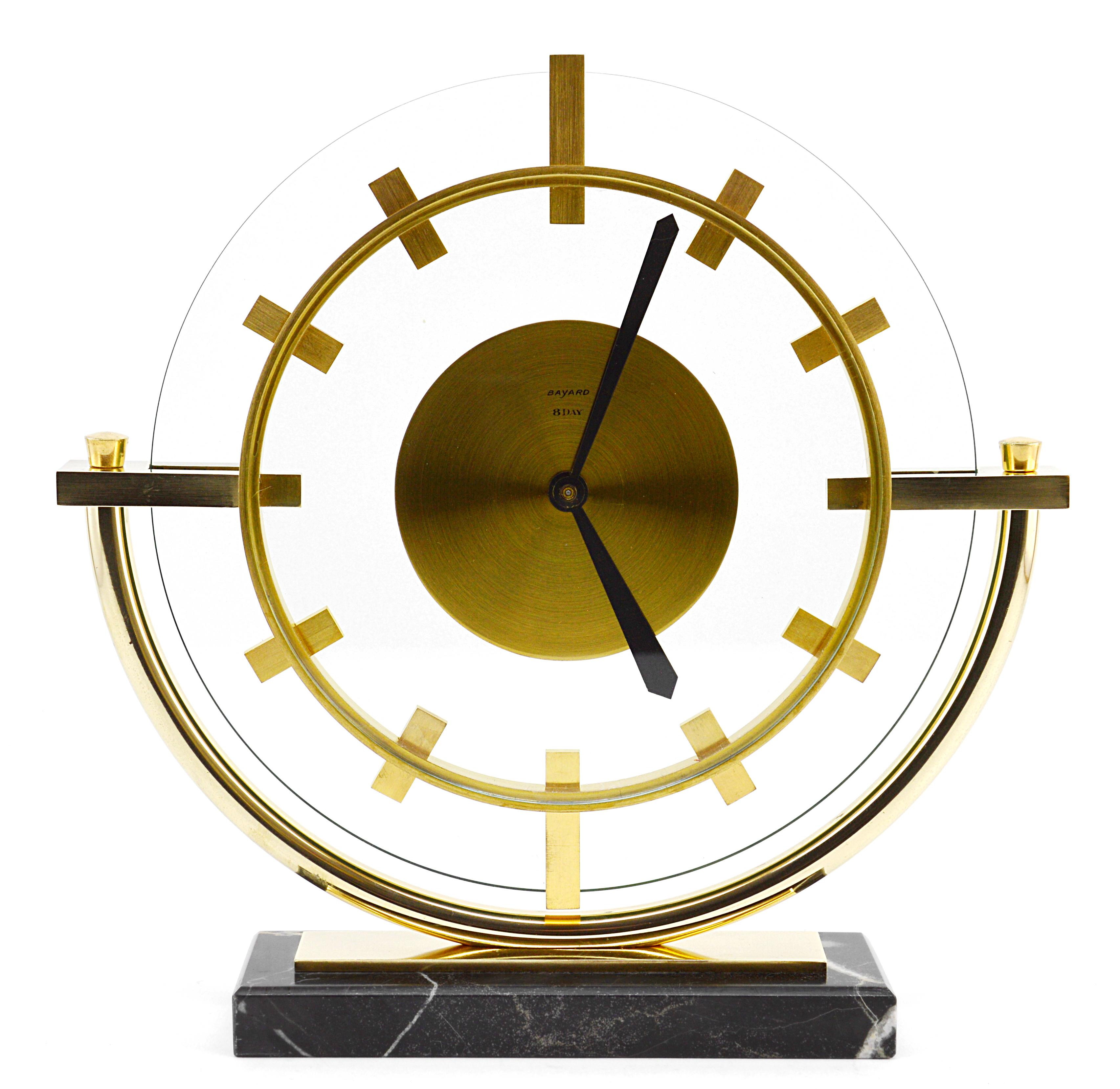 Art Deco clock by Bayard, France, 1930s. Very rare shape, almost impossible to find. Brass, marble and glass. 8 days movement. Marked 