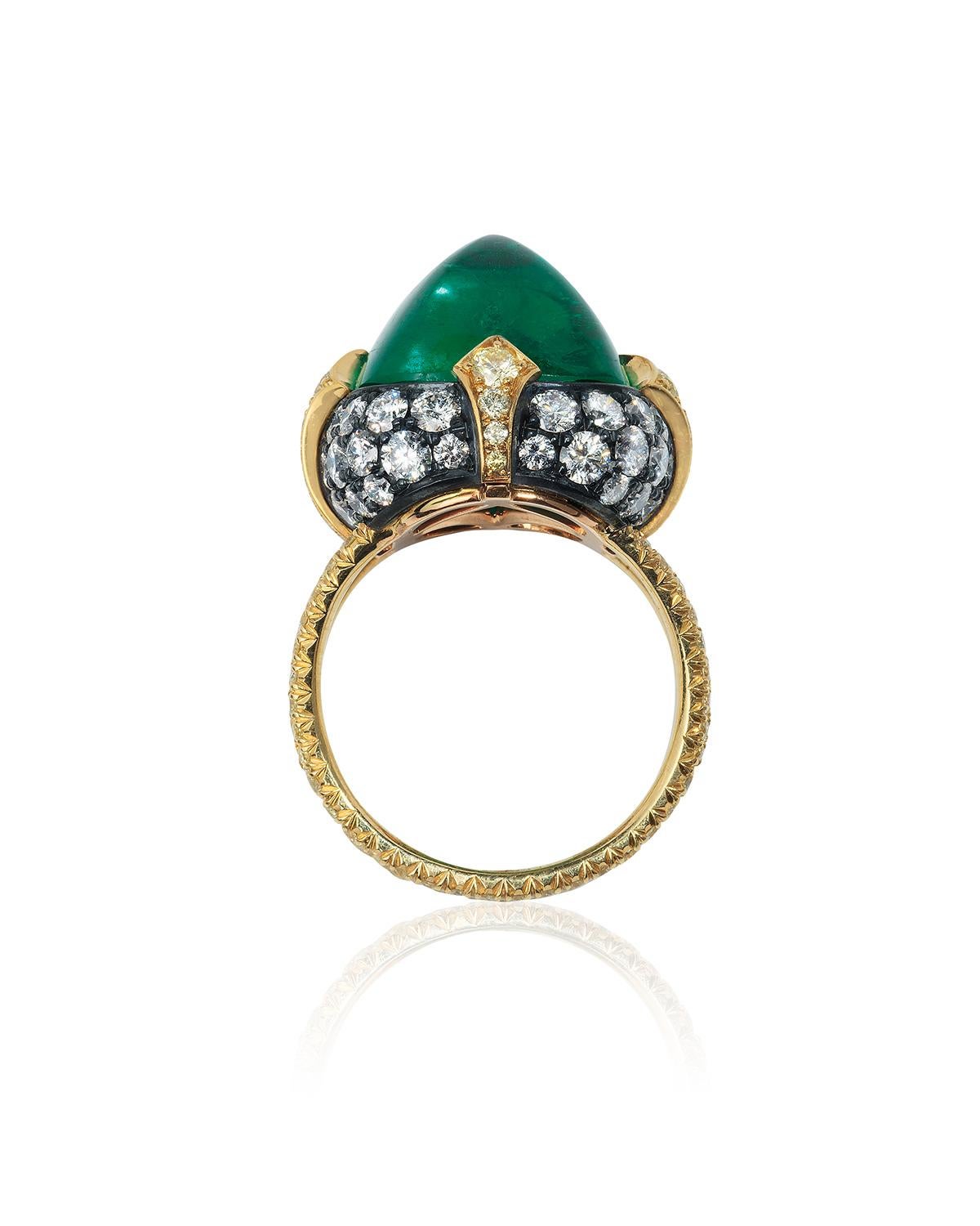 Modern Bayco 11.28 Carat Sugarloaf Cabochon Colombian Emerald Diamond Gold Silver Ring For Sale